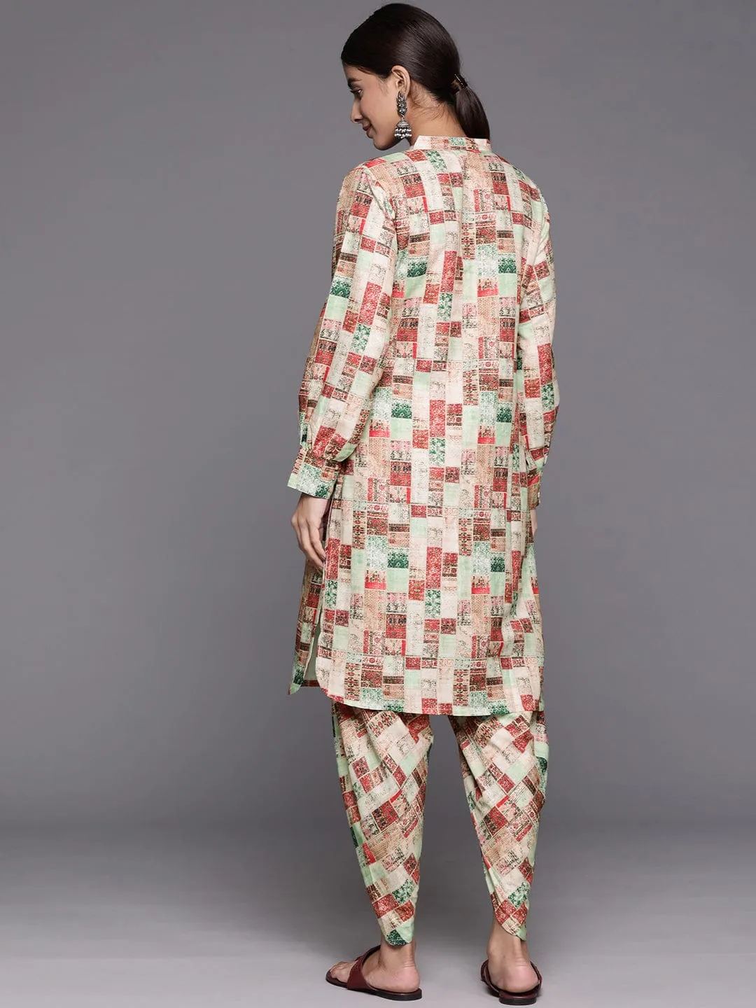 Beige Geometrical Printed Straight Kurta With Bishop Sleeves Paired With Tonal Printed Dhoti Style Bottom