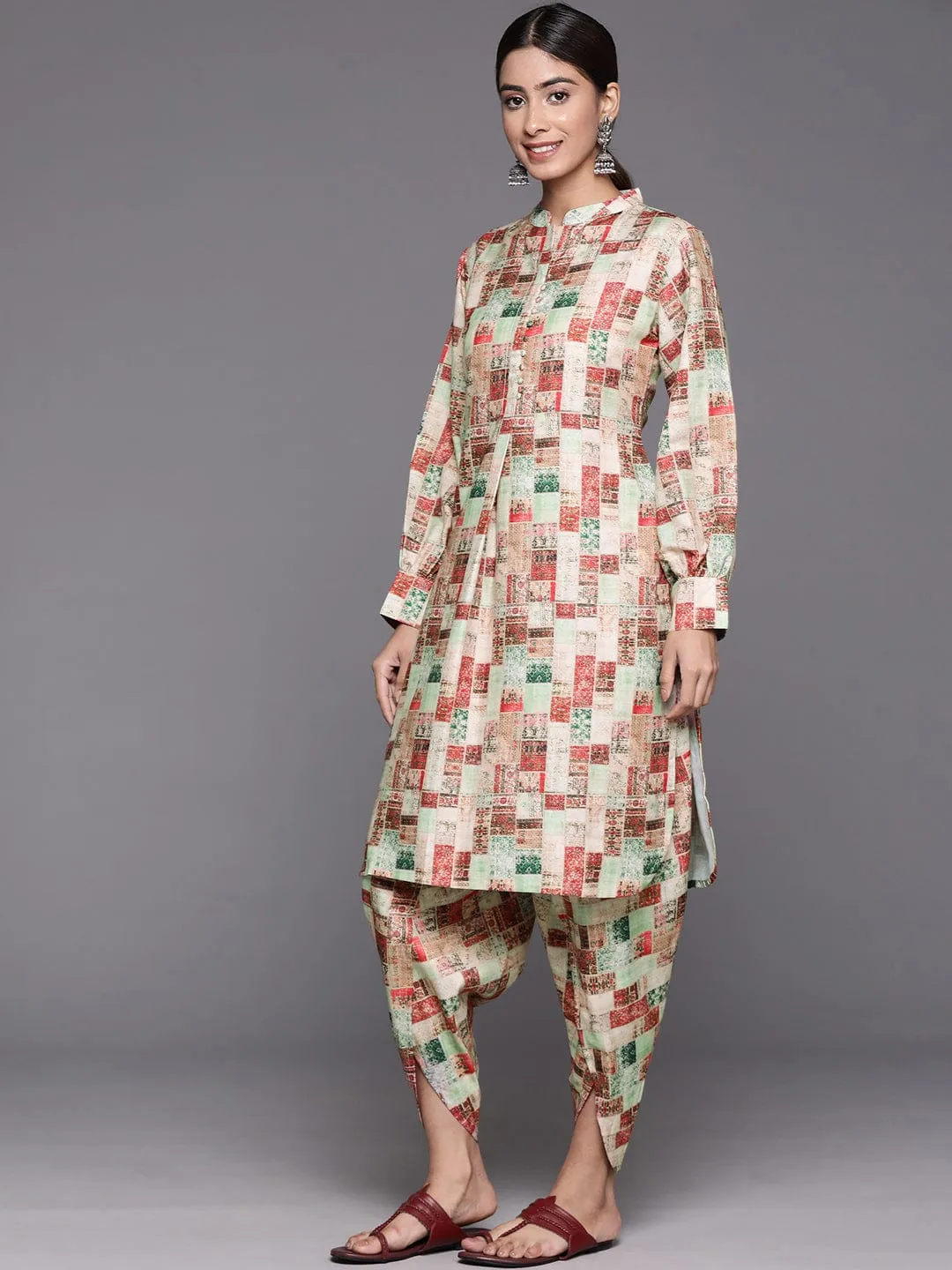 Beige Geometrical Printed Straight Kurta With Bishop Sleeves Paired With Tonal Printed Dhoti Style Bottom