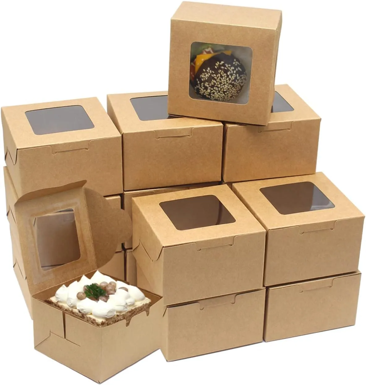 BIG BOX- 25 Piece Brown Bakery Boxes Small Cookie Boxes Kraft Baking Boxes with Windows for Strawberries Chocolate Dessert Treat Candy Donuts Mini Cake and Party Favor 3x3x2 Inches