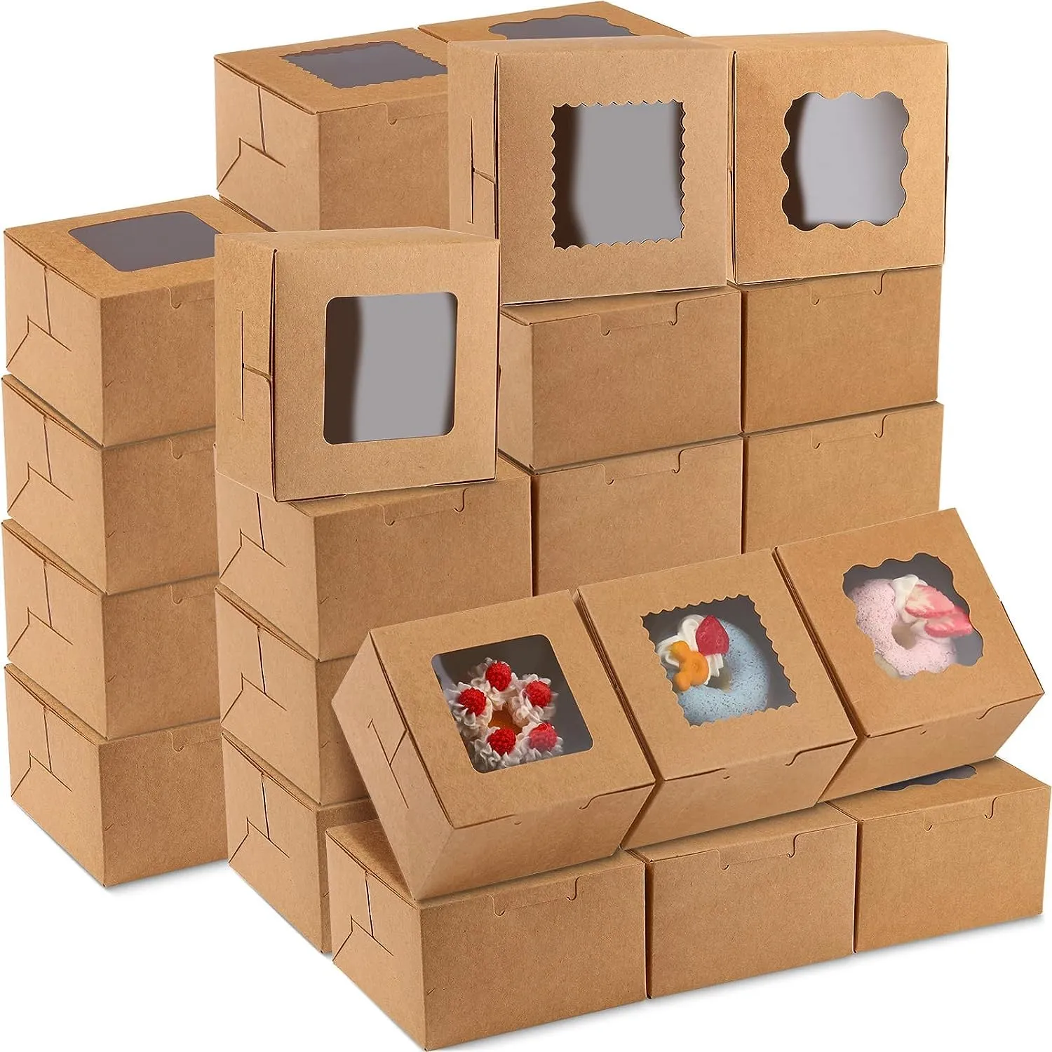 BIG BOX- 25 Piece Brown Bakery Boxes Small Cookie Boxes Kraft Baking Boxes with Windows for Strawberries Chocolate Dessert Treat Candy Donuts Mini Cake and Party Favor 3x3x2 Inches