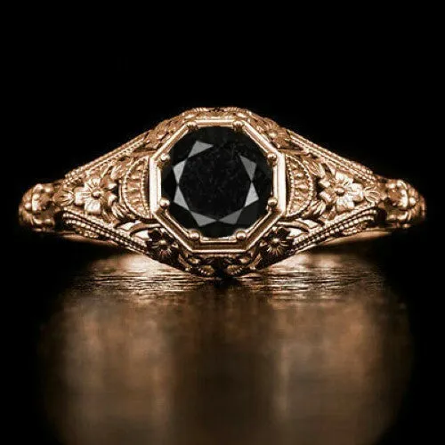 BLACK DIAMOND VINTAGE STYLE RING 14k ROSE GOLD FLORAL FILIGREE SOLITAIRE ROUND