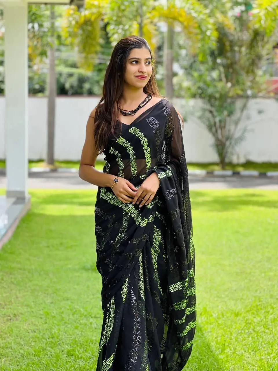 Black Georgette Elegant Sequins Saree