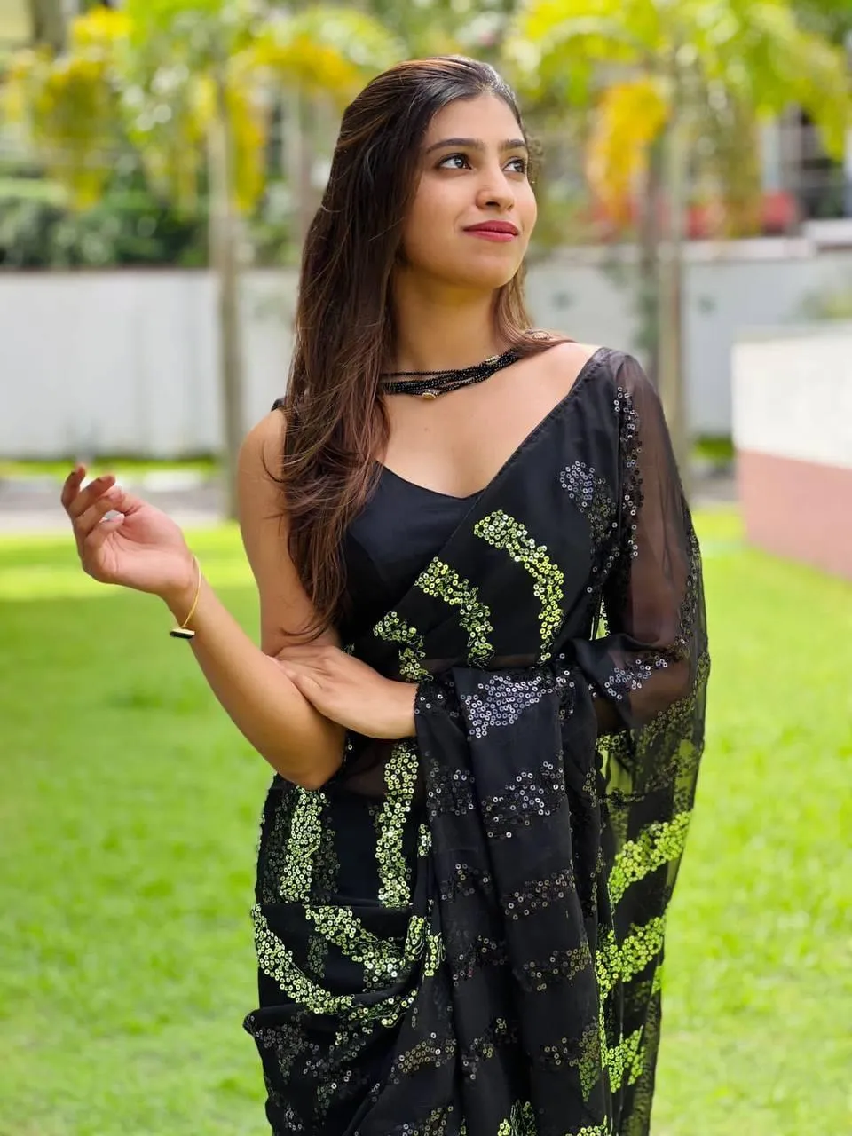 Black Georgette Elegant Sequins Saree