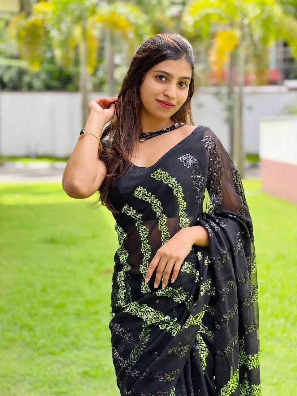 Black Georgette Elegant Sequins Saree