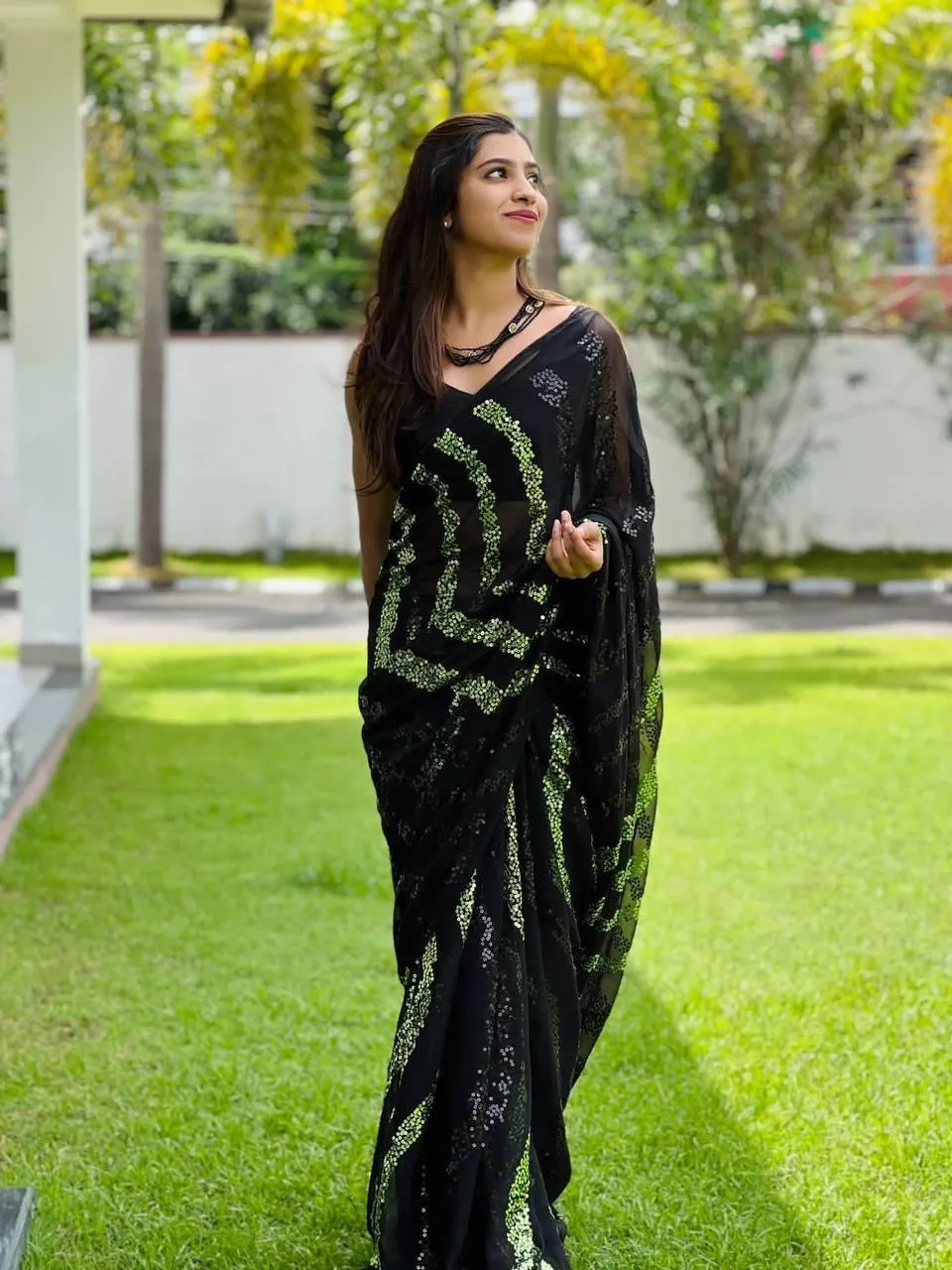 Black Georgette Elegant Sequins Saree