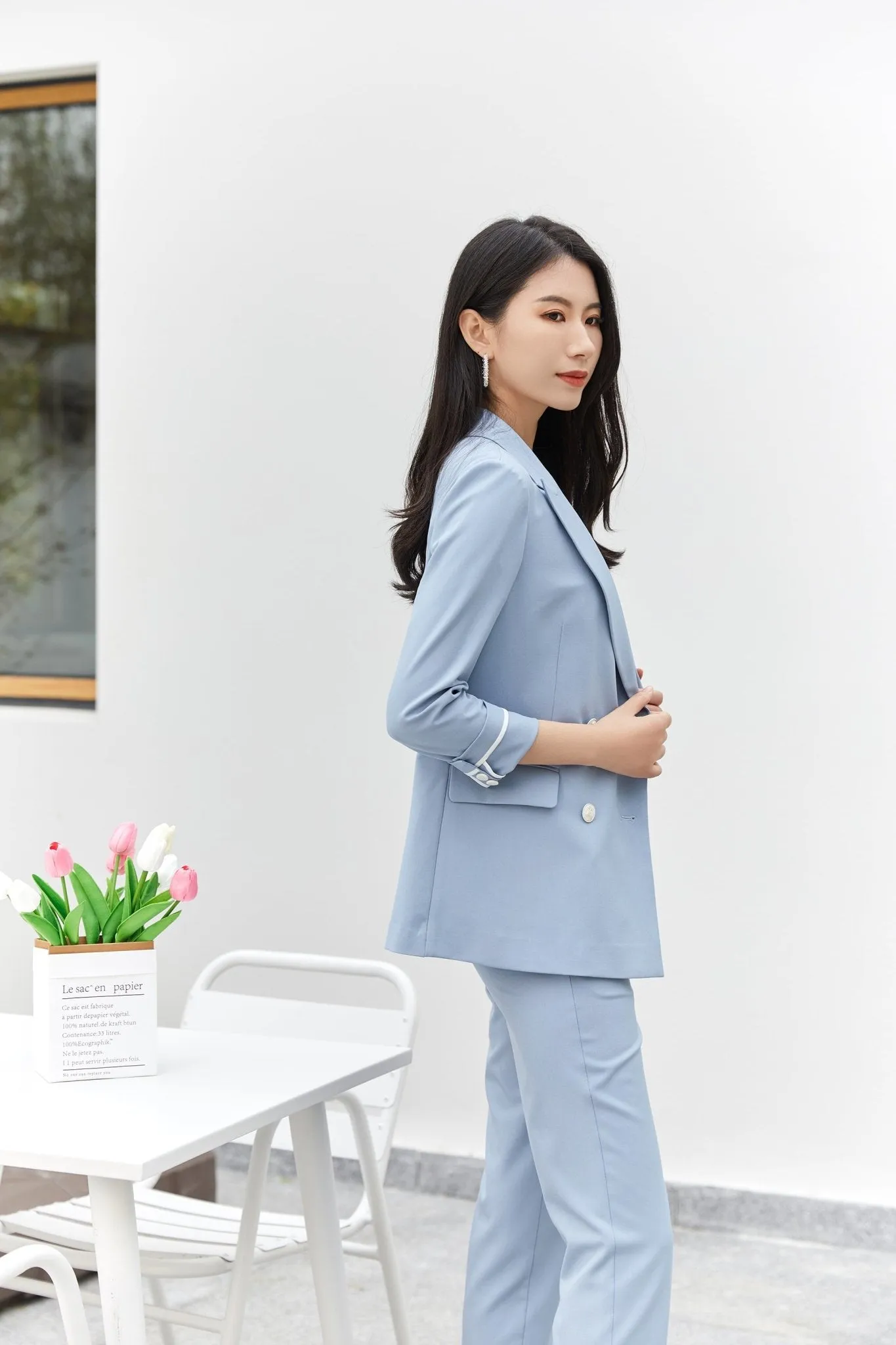 Blue Double Breasted V Neck Blazer Suits