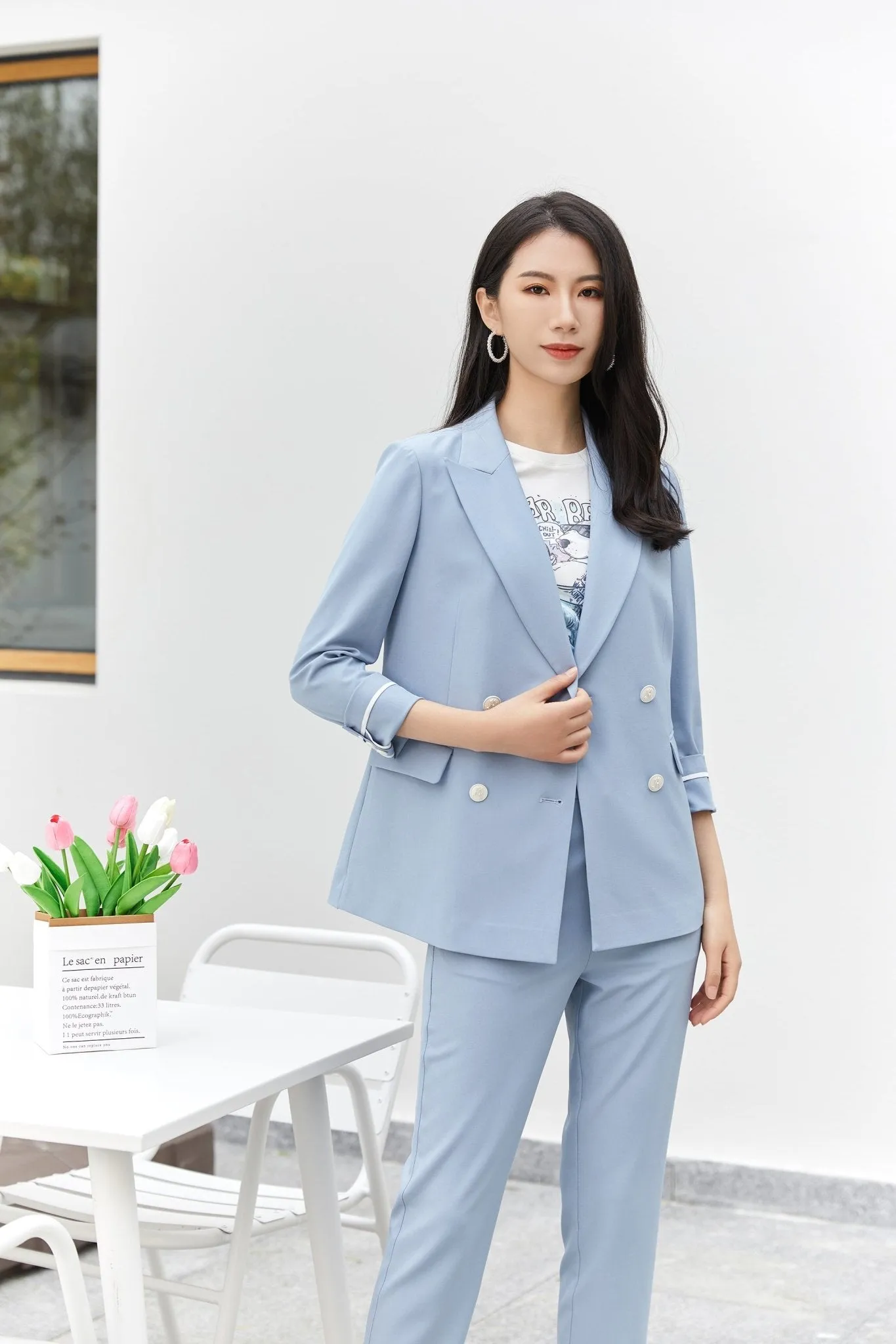 Blue Double Breasted V Neck Blazer Suits