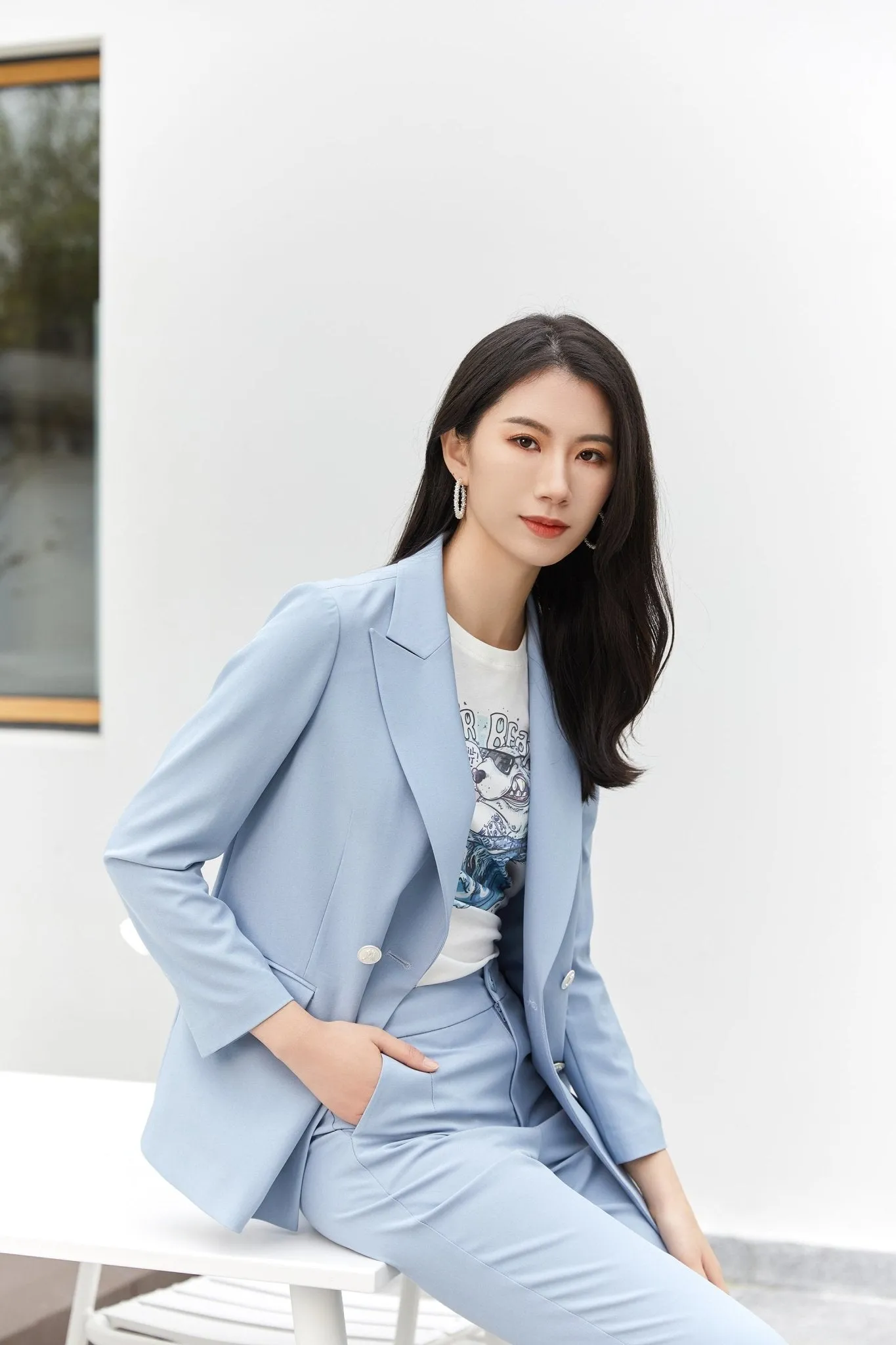 Blue Double Breasted V Neck Blazer Suits