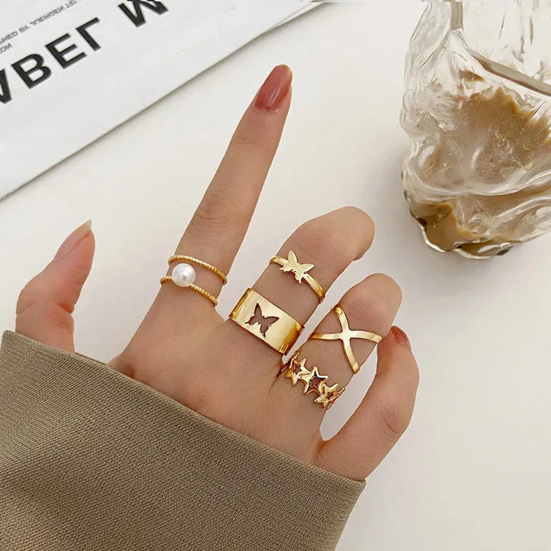 Bohemian Wave Flower Pearl Rings Set For Women Trendy Vintage Geometric Butterfly Metal Chain Knuckle Rings 2023 Jewelry Gift