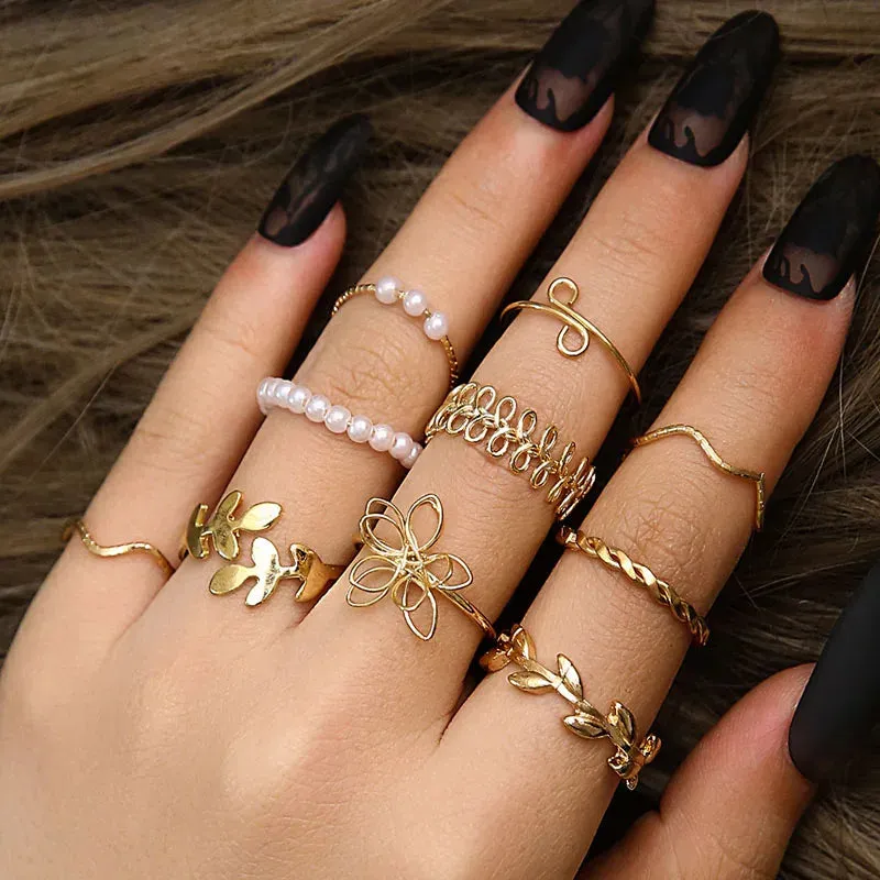 Bohemian Wave Flower Pearl Rings Set For Women Trendy Vintage Geometric Butterfly Metal Chain Knuckle Rings 2023 Jewelry Gift