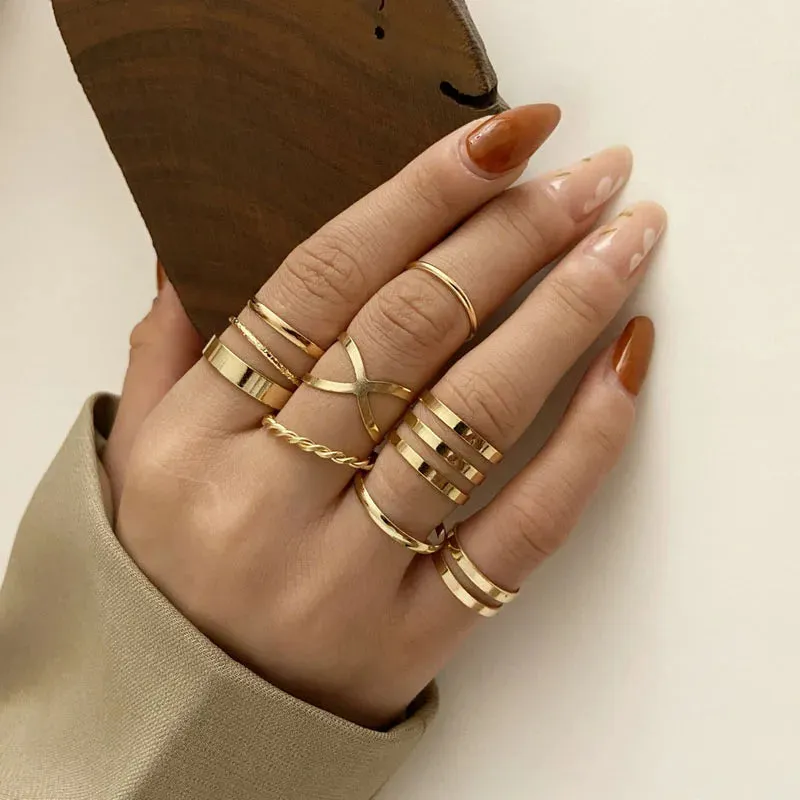 Bohemian Wave Flower Pearl Rings Set For Women Trendy Vintage Geometric Butterfly Metal Chain Knuckle Rings 2023 Jewelry Gift