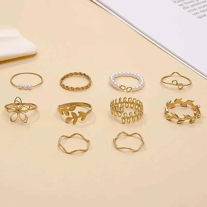 Bohemian Wave Flower Pearl Rings Set For Women Trendy Vintage Geometric Butterfly Metal Chain Knuckle Rings 2023 Jewelry Gift