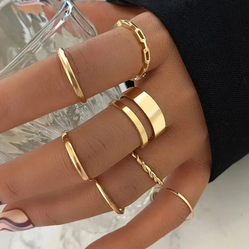 Bohemian Wave Flower Pearl Rings Set For Women Trendy Vintage Geometric Butterfly Metal Chain Knuckle Rings 2023 Jewelry Gift