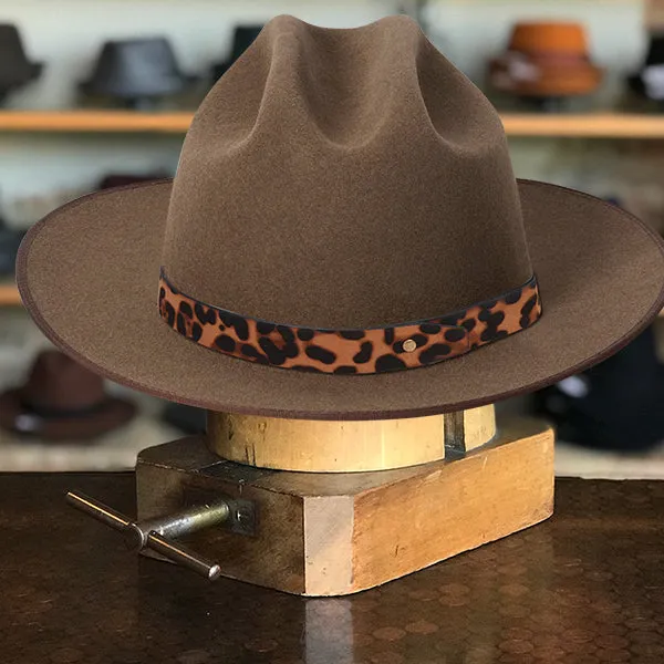 Classic Brown Felt Fedora with Chic Leopard Print Ribbon