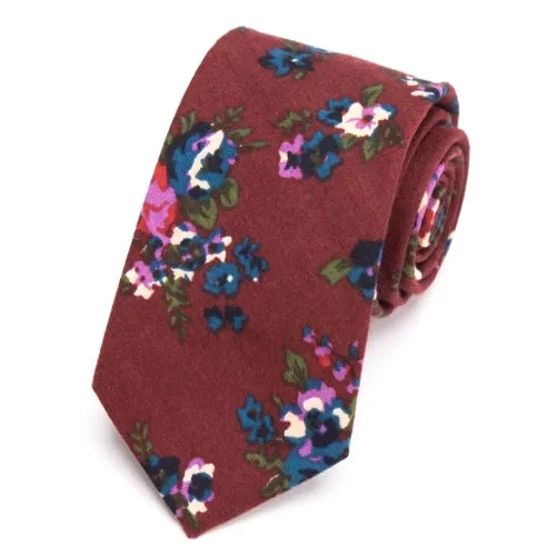 Classy Men Wine Red Floral Skinny Cotton Tie