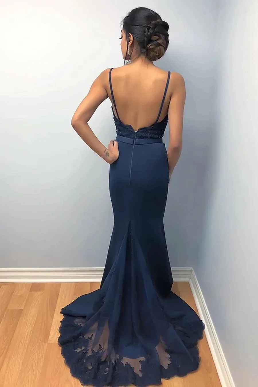 Elegant Mermaid Backless Lace Beaded Navy Blue Prom, Mermaid Backless Navy Blue Lace Formal, Mermaid Navy Blue Lace Evening