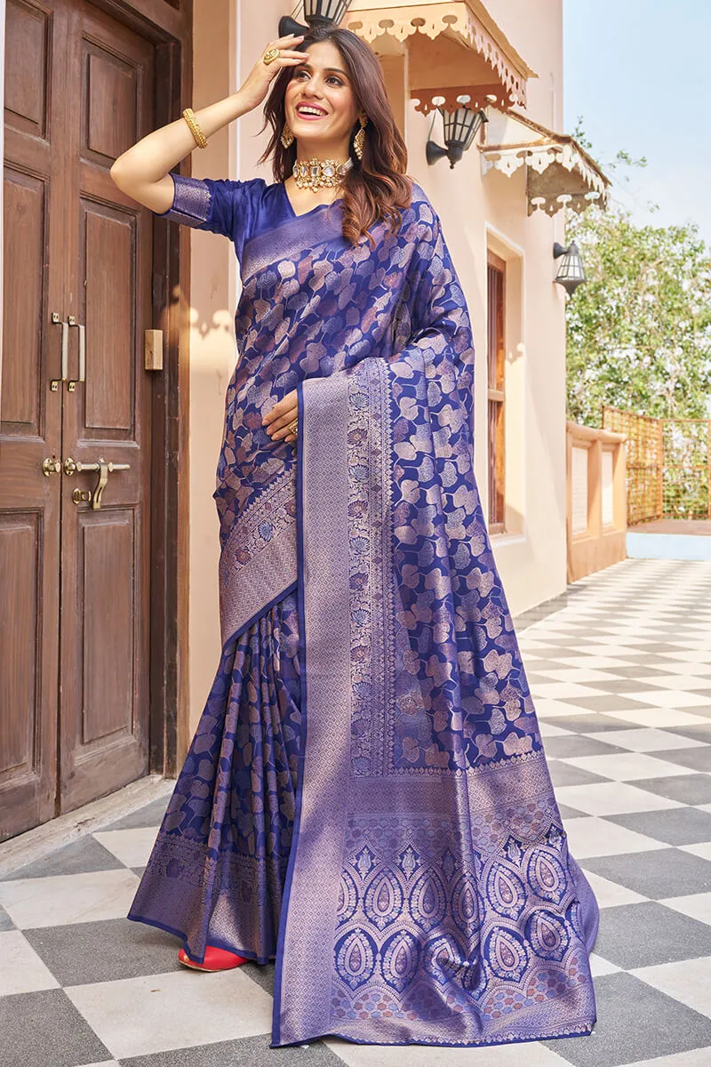 Elegant Navy Blue Kanjivaram Silk Saree With Chatoyant Blouse Piece