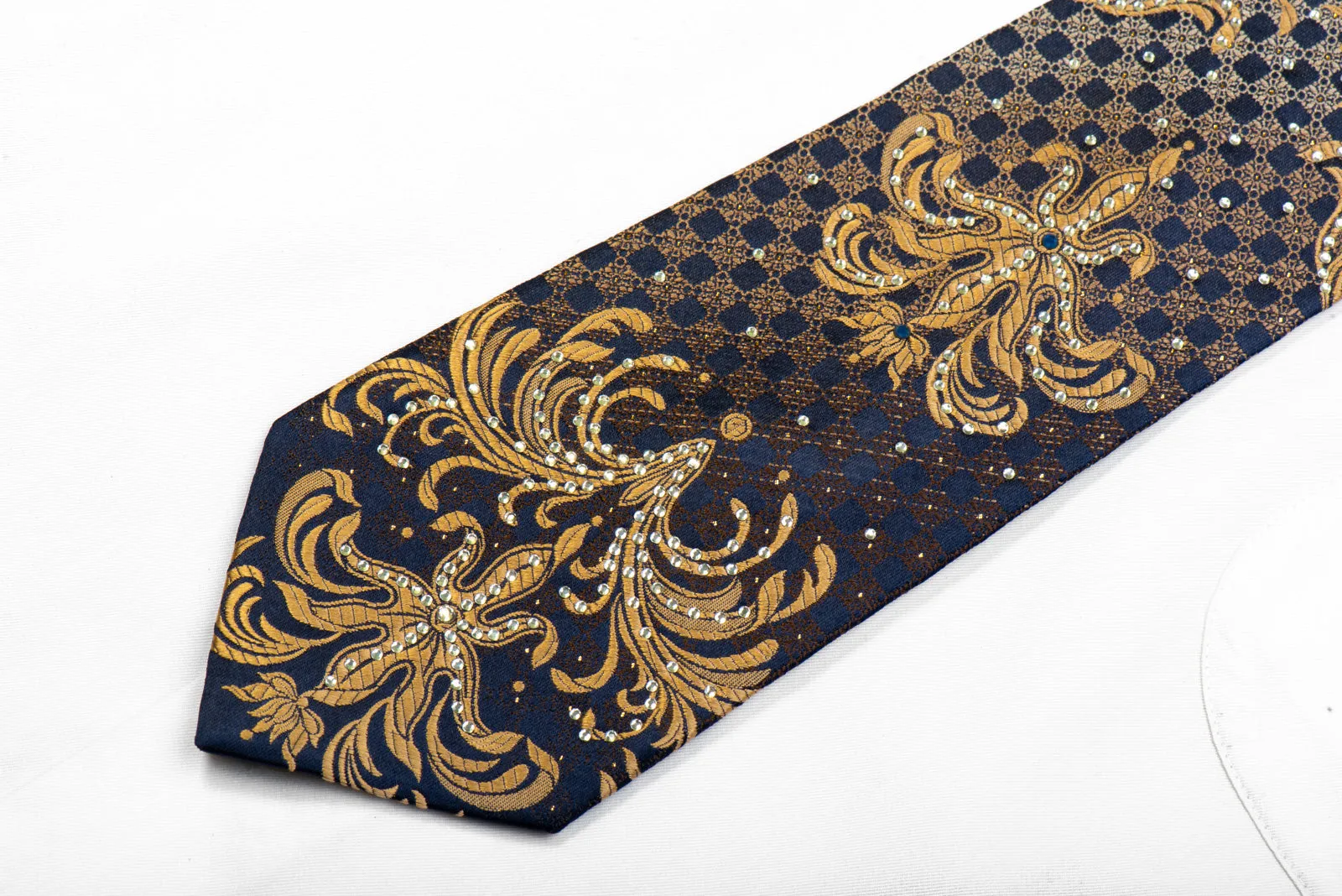 Giovanni Crystal Rhinestone Necktie Golden Damask On Navy With Sparkles