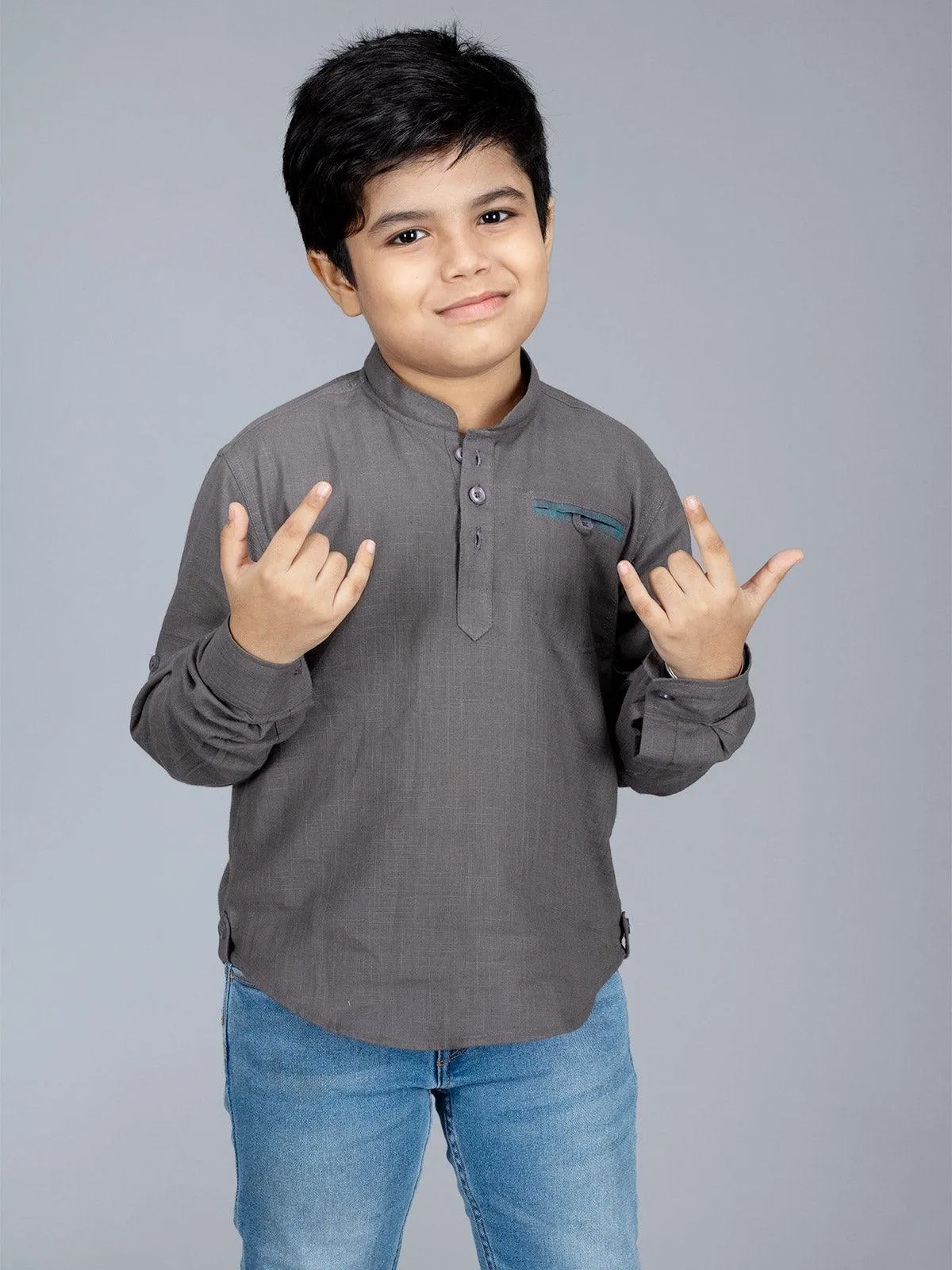 Gray Slab Cotton Boys Short Kurta