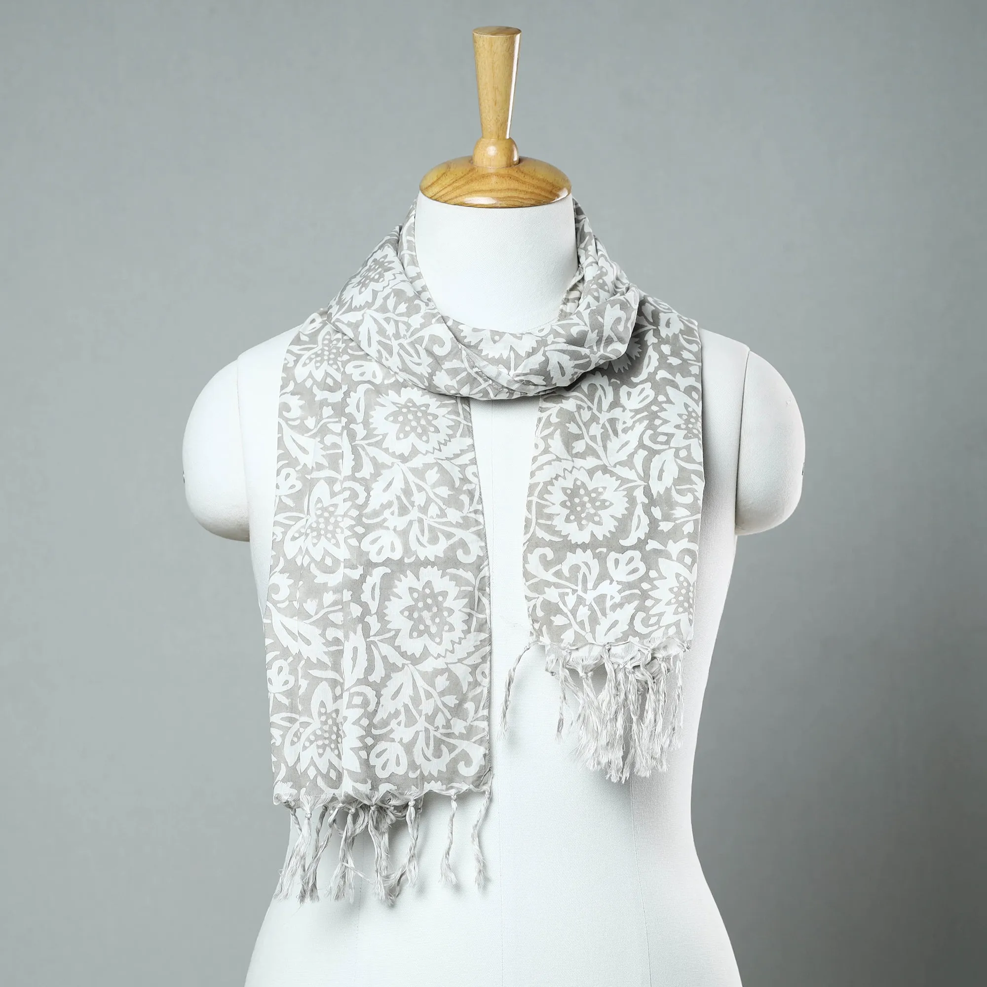 Grey - Sanganeri Block Printed Cotton Stole with Tassels 32