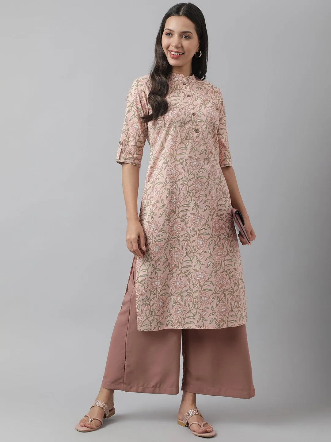 Jashvi Baby Pink & Green Floral Printed Straight Kurta