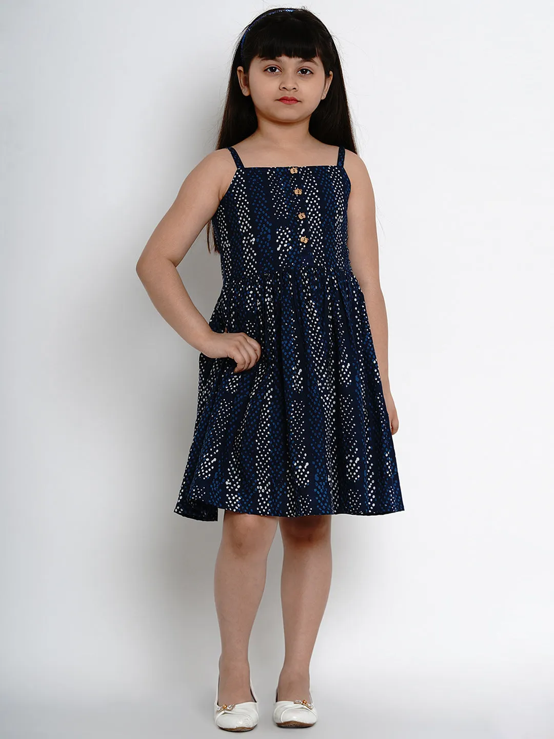 Jashvi Girls Navy Blue Printed Fit And Flare Dress