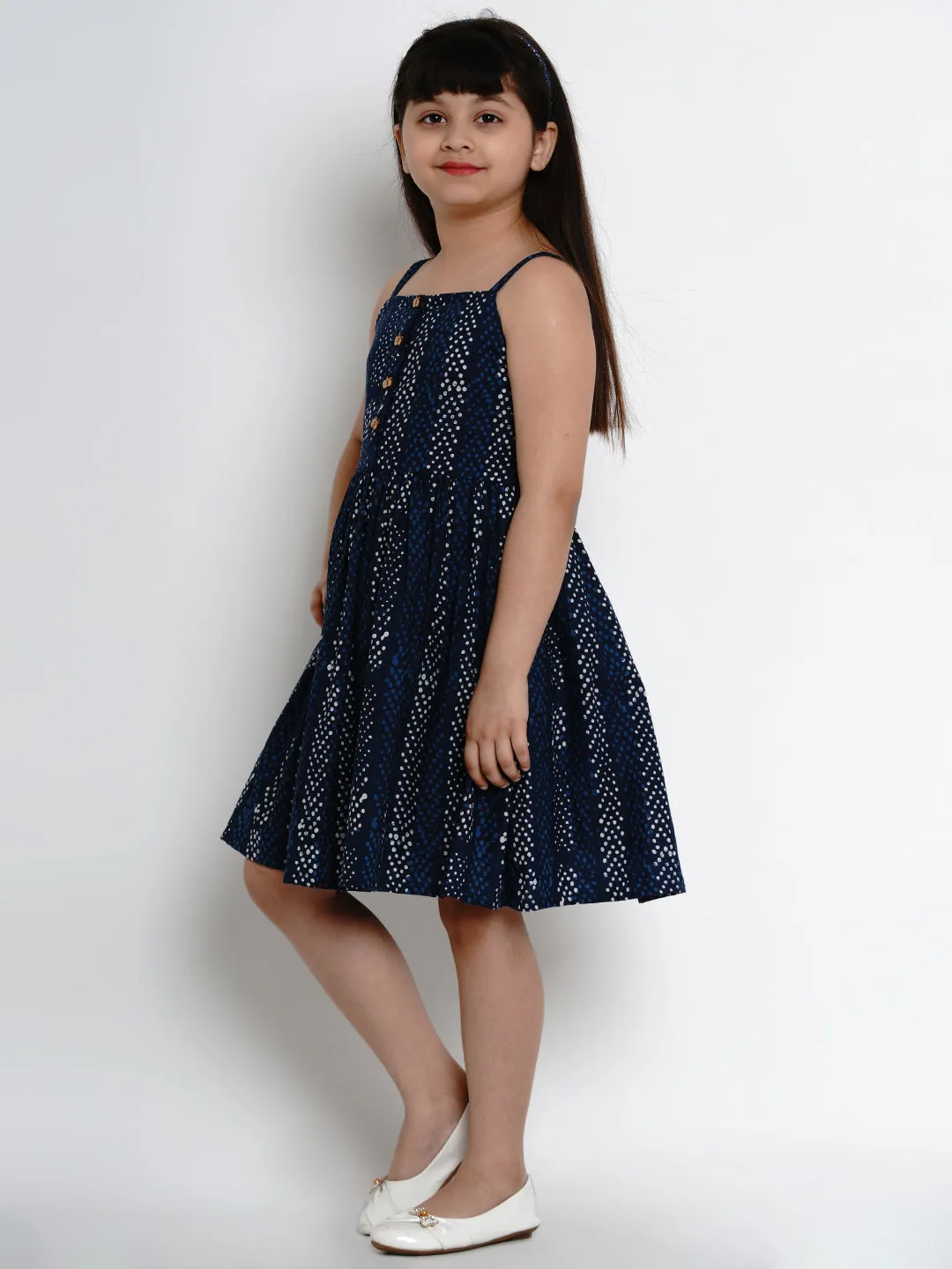 Jashvi Girls Navy Blue Printed Fit And Flare Dress