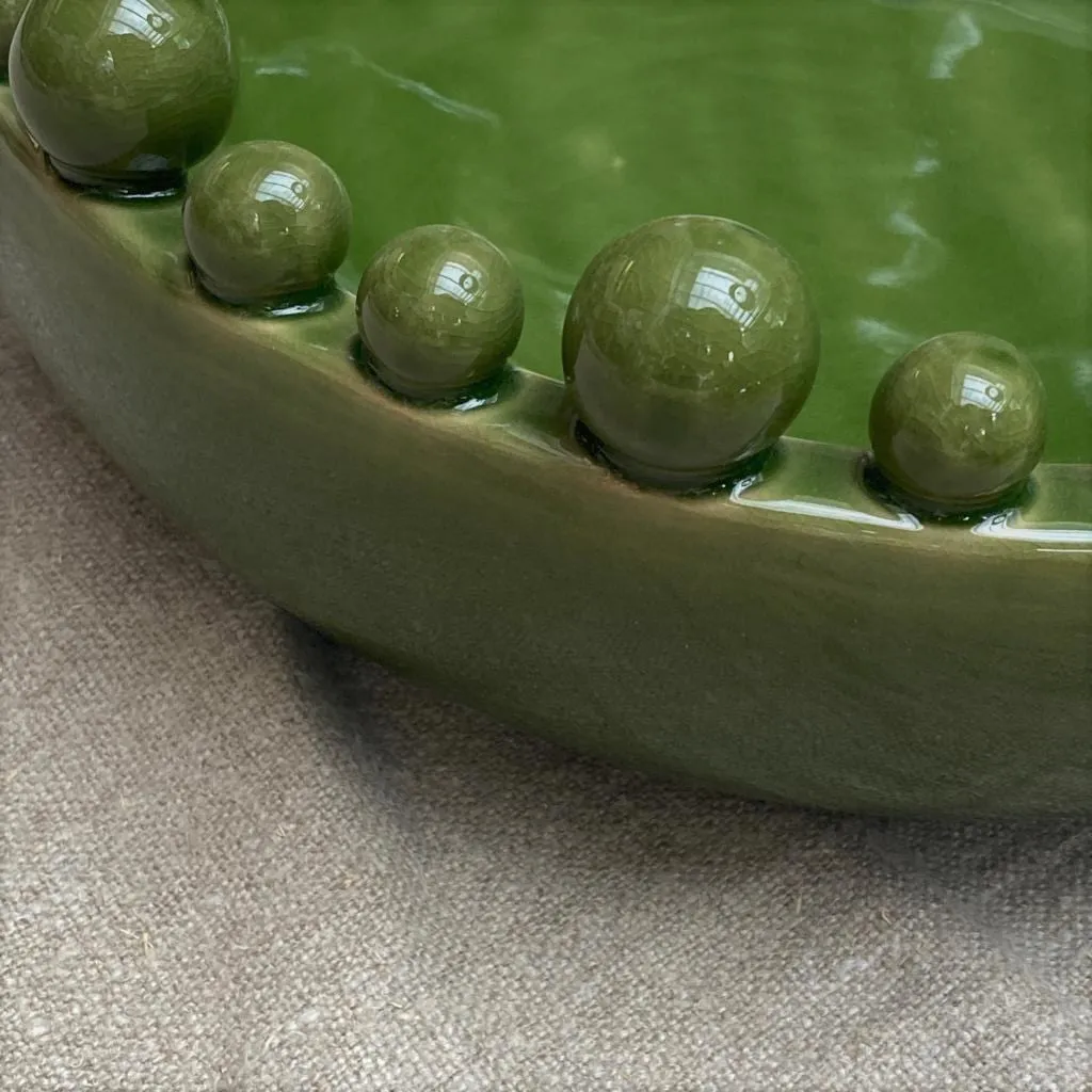 Large Green Ceramic Bowl with Bobbles on Rim