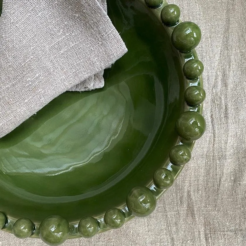 Large Green Ceramic Bowl with Bobbles on Rim