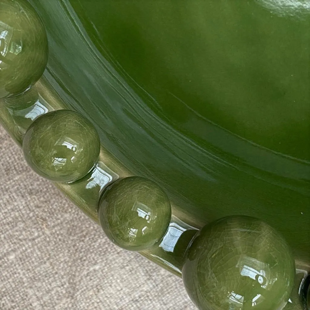 Large Green Ceramic Bowl with Bobbles on Rim