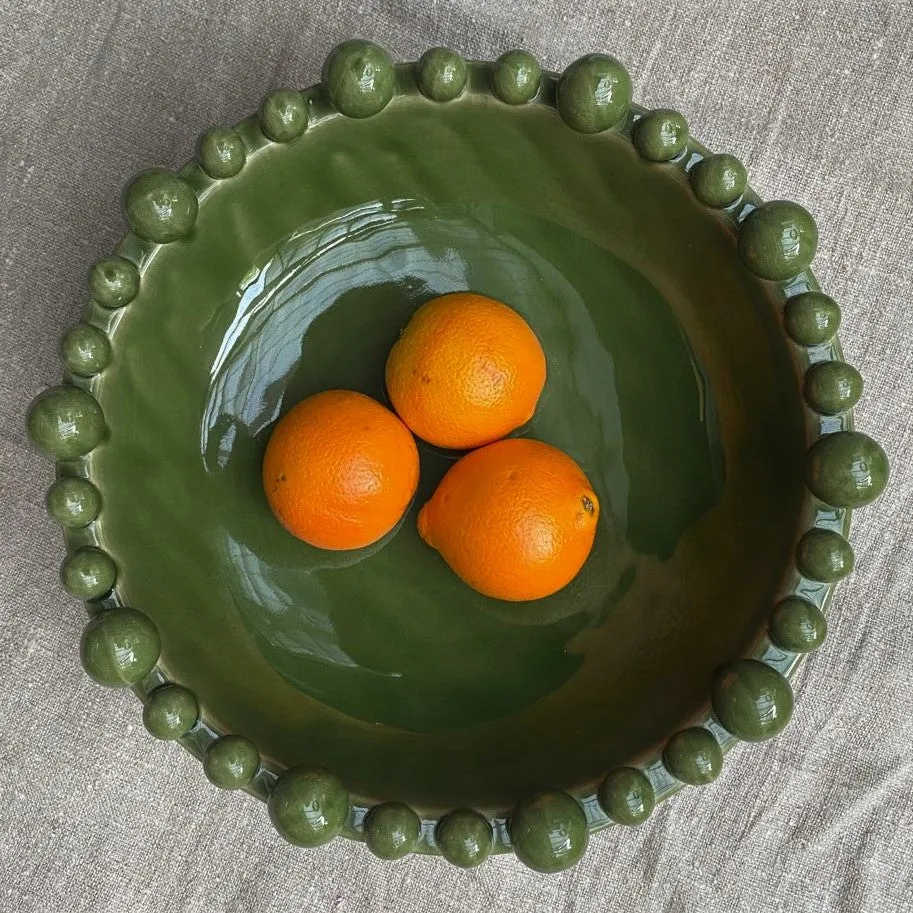 Large Green Ceramic Bowl with Bobbles on Rim