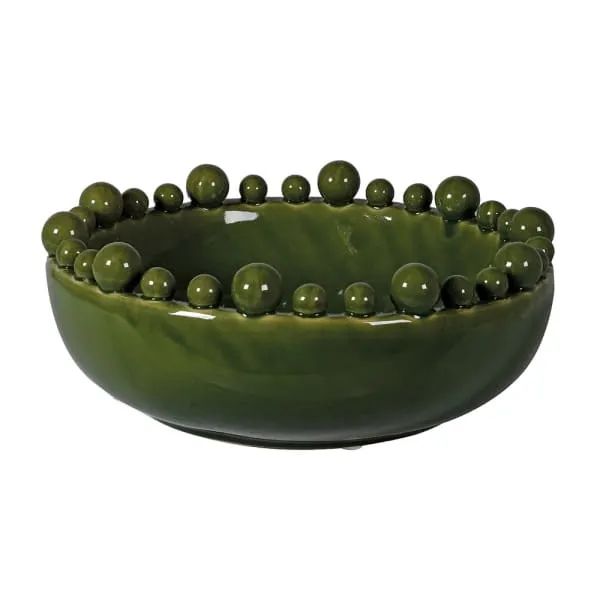 Large Green Ceramic Bowl with Bobbles on Rim