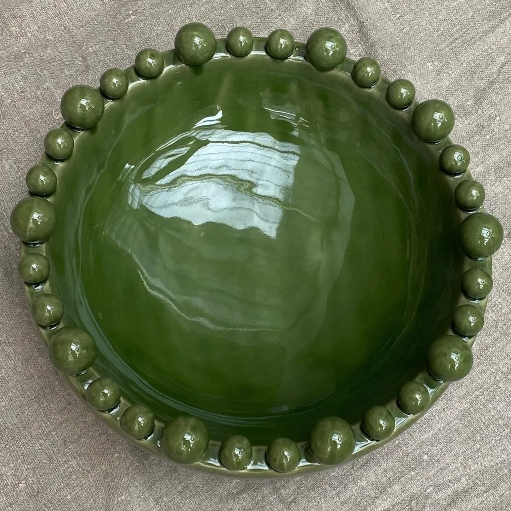 Large Green Ceramic Bowl with Bobbles on Rim