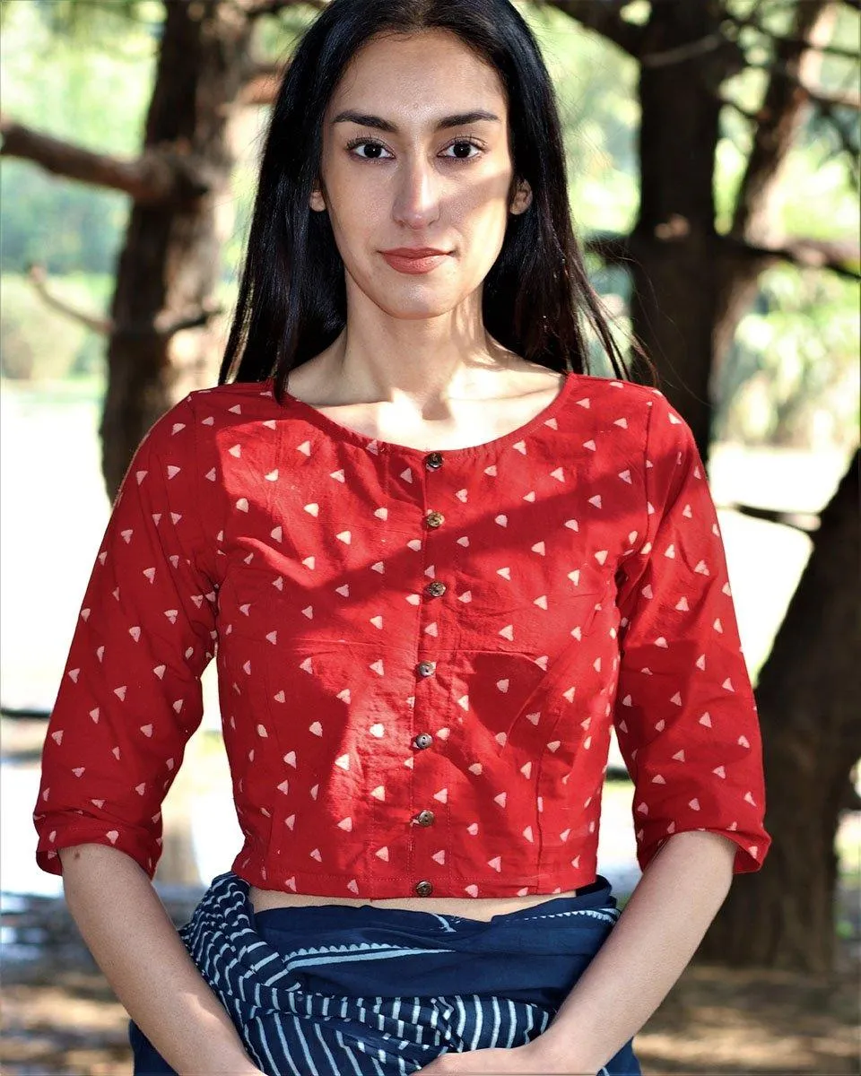 Maroon Blockprinted Crop Top Cotton Blouse