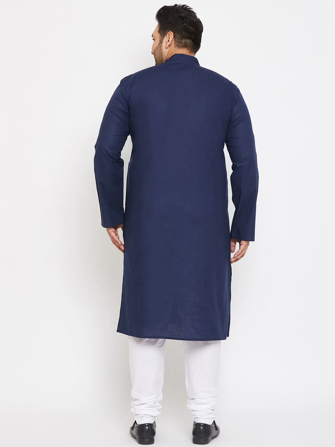 Men's Plus Navy Blue And White Cotton Blend Kurta Pyjama Set - Vastramay