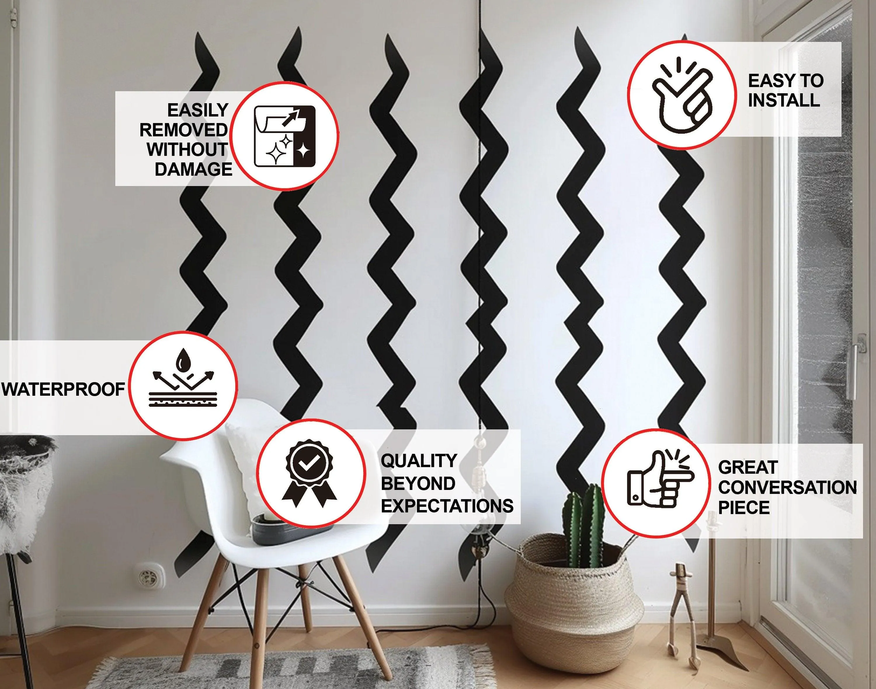 Modern Black Zigzag Wall Stickers - Vertical Patterns Vinyl Stickers for Contemporary Room Decor