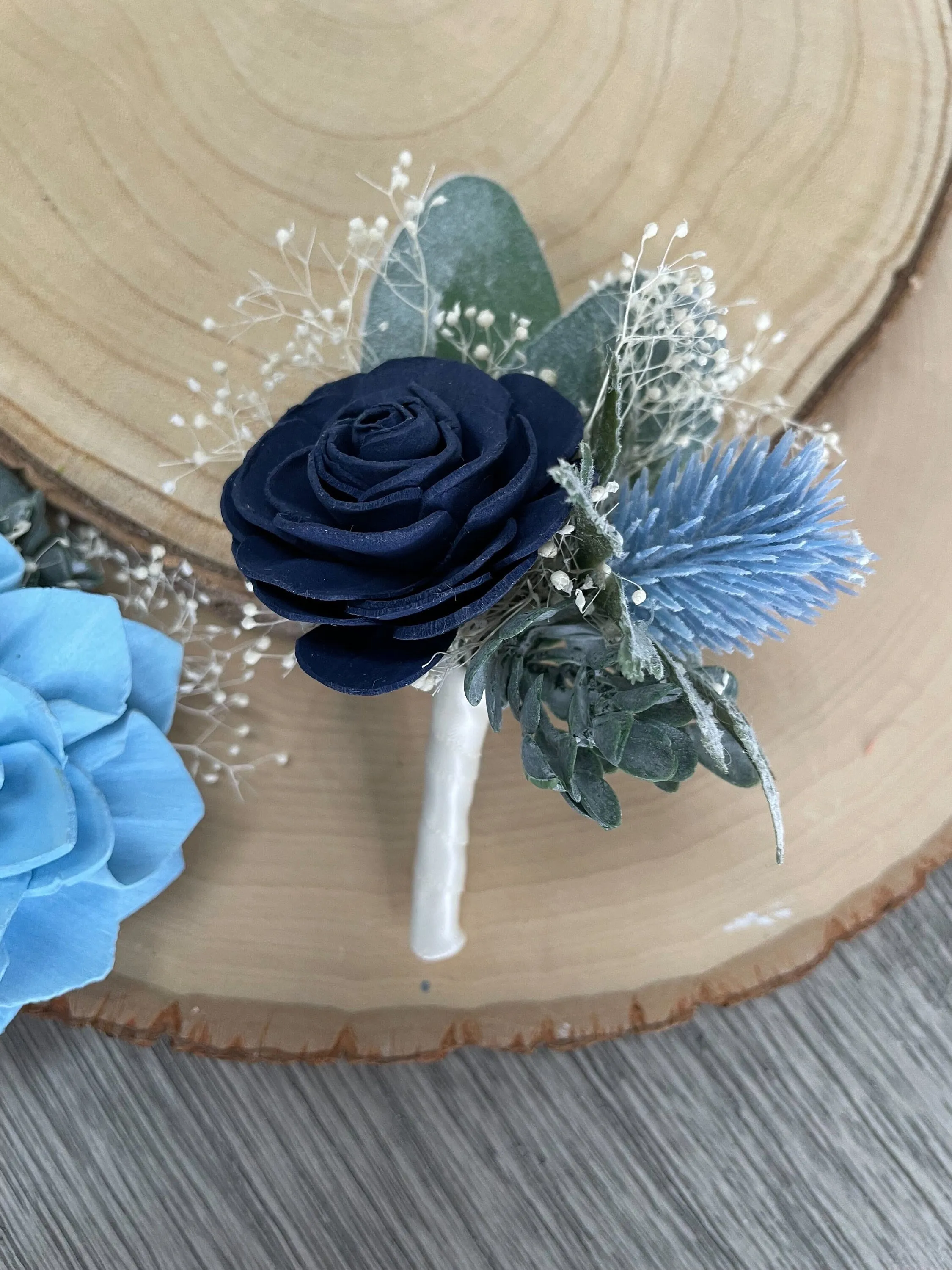 Navy and Blue Sola Flower Boutonniere and Corsage Set