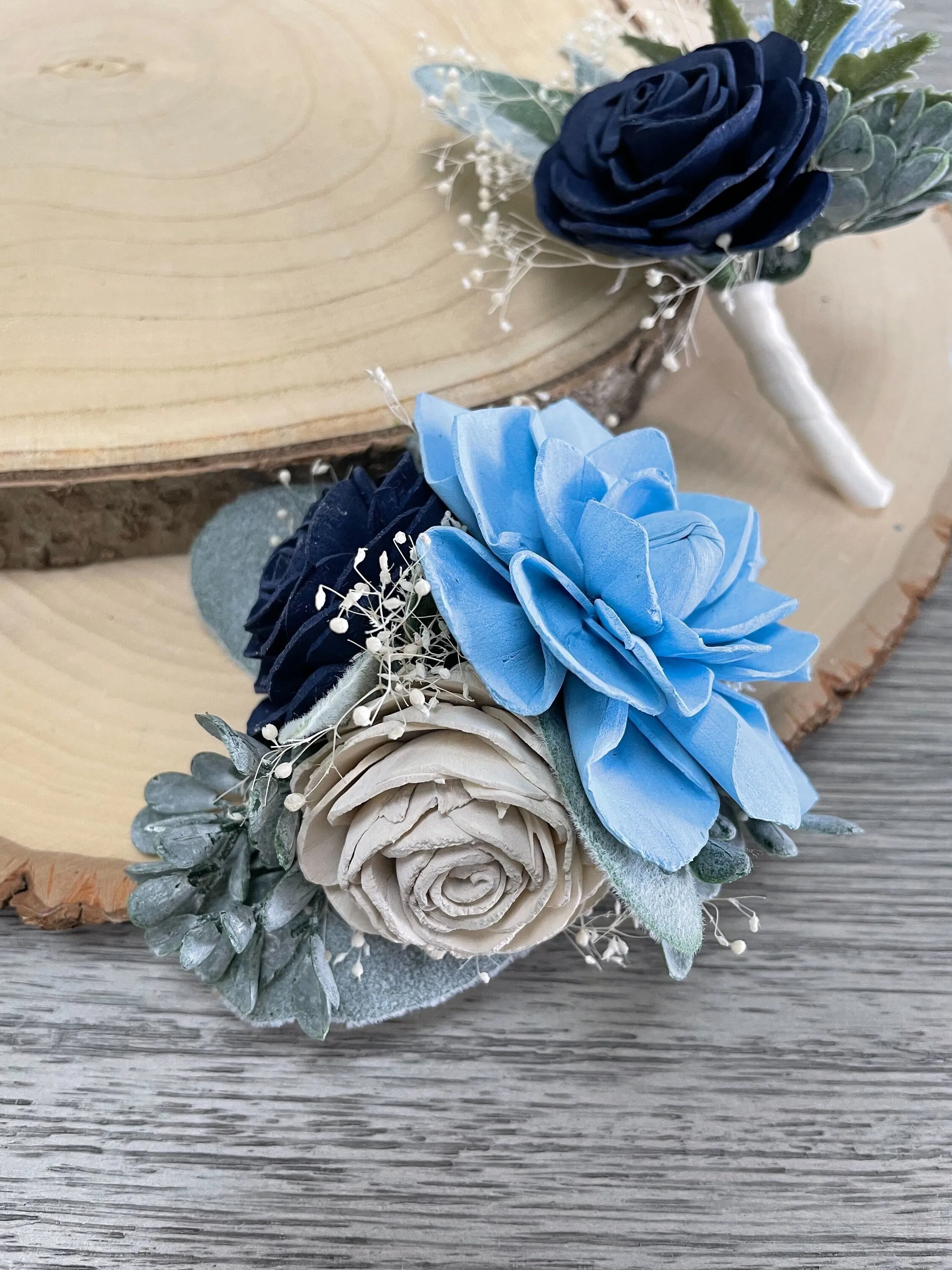 Navy and Blue Sola Flower Boutonniere and Corsage Set