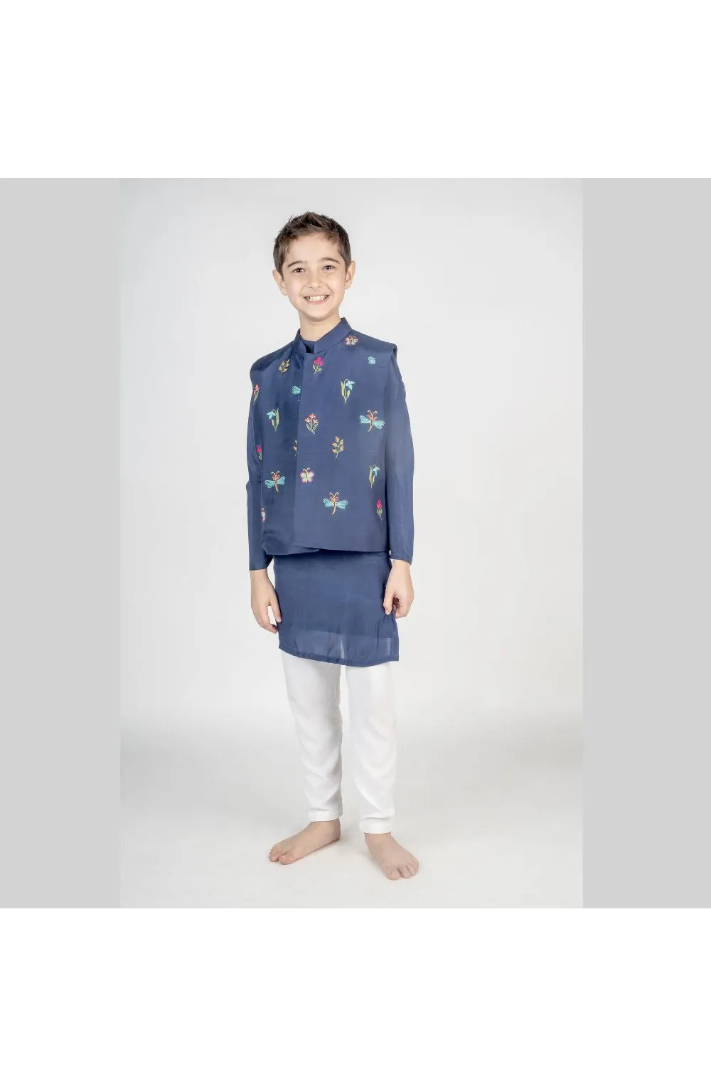 Navy Blue Cotton Kurta With Hand Embroidered Muslin Jacket Set