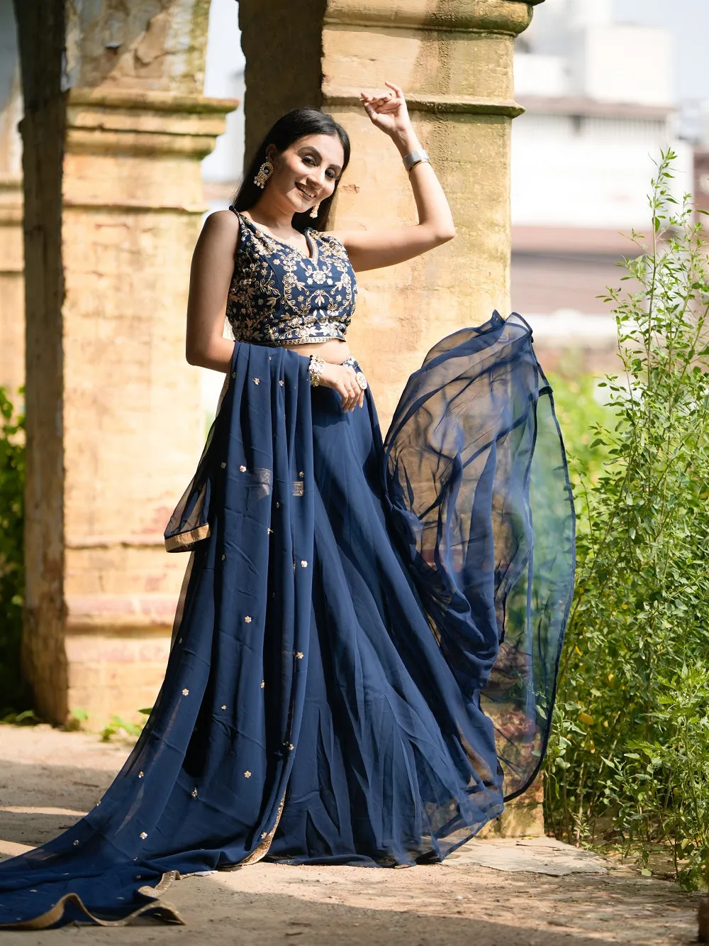 Navy Blue Georgette Sequins And Thread Embroidery Work Lehenga Choli