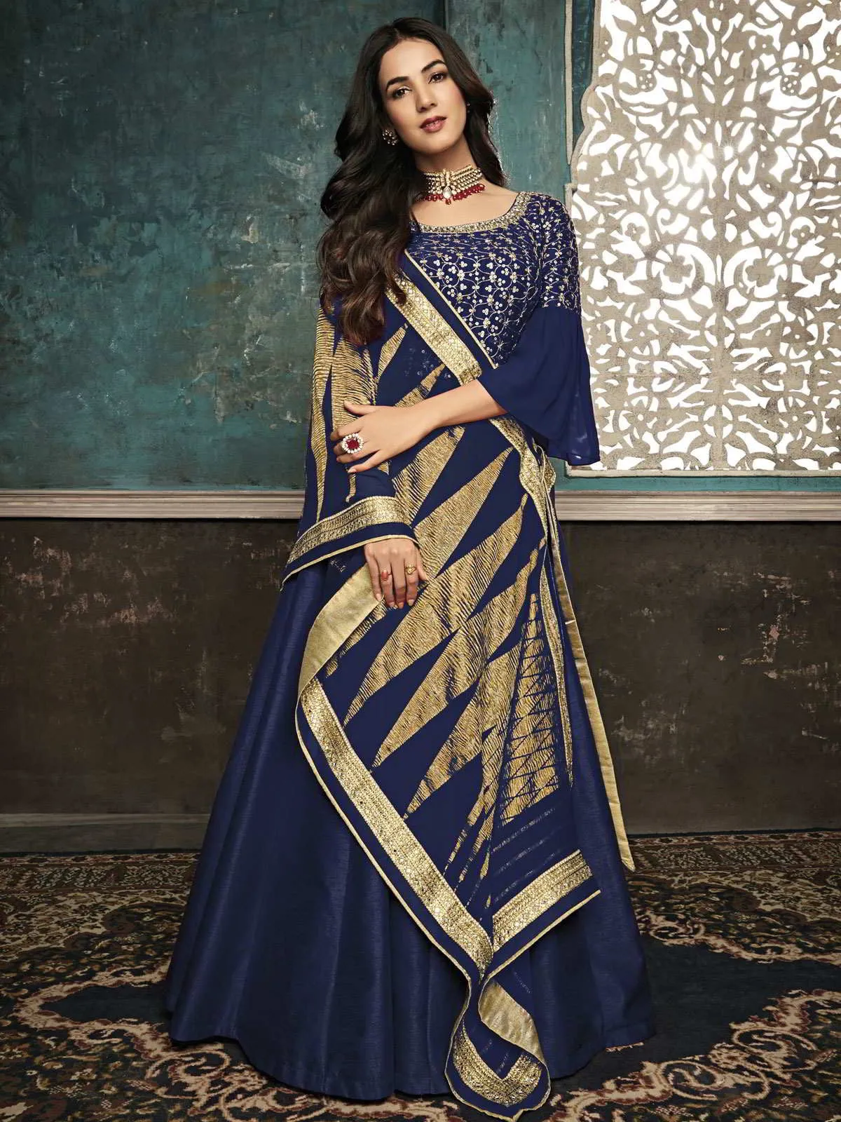 Navy Blue Golden Embroidered Designer Silk Anarkali Suit