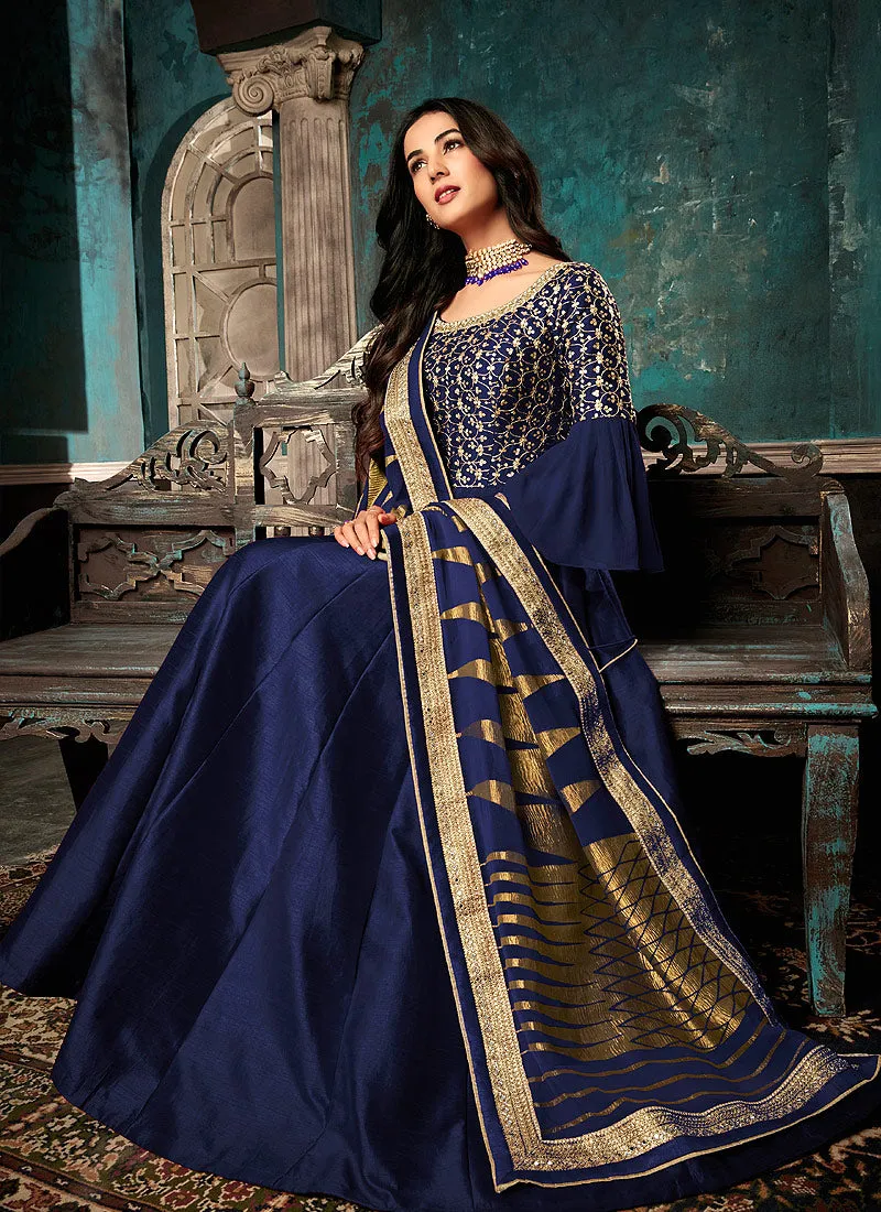 Navy Blue Golden Embroidered Designer Silk Anarkali Suit