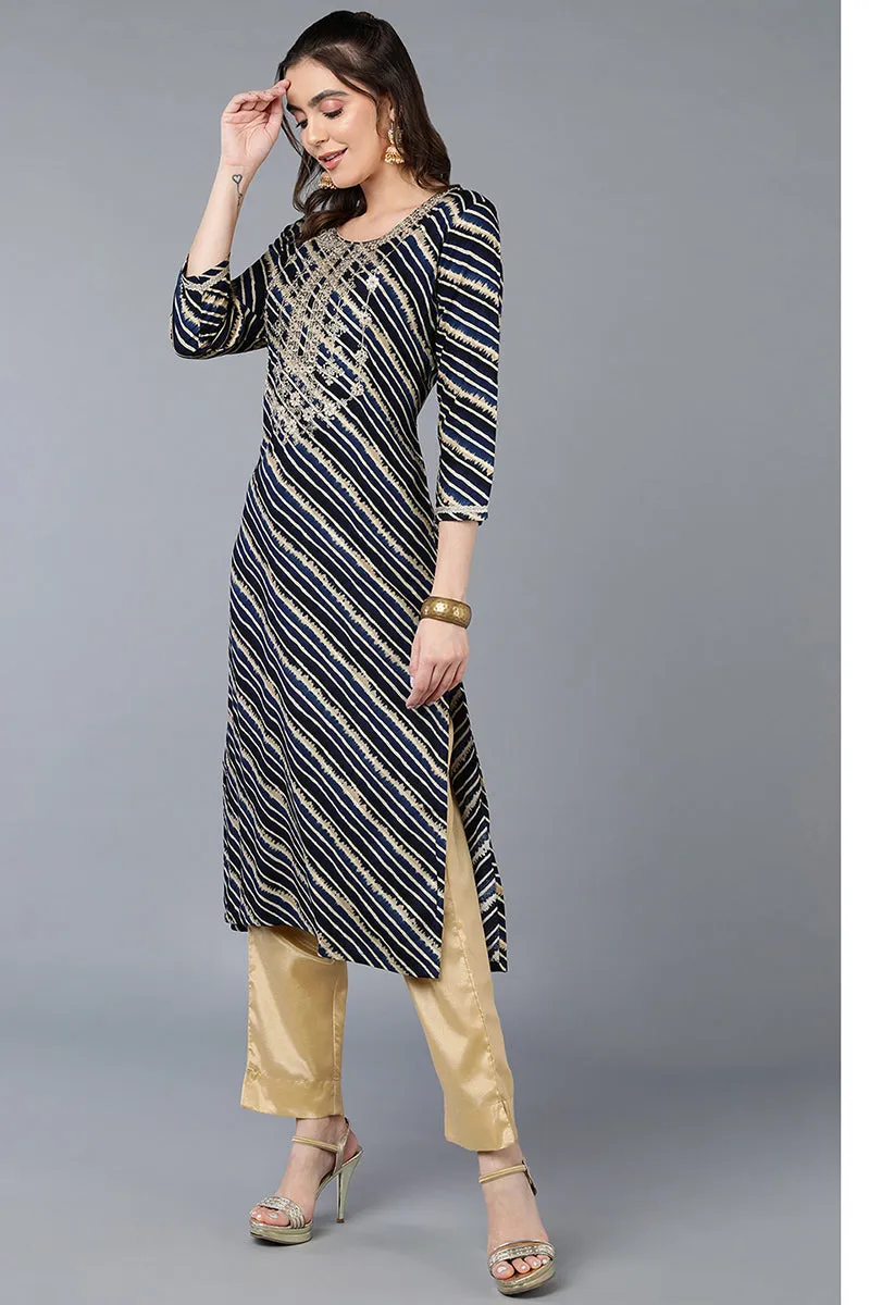 Navy Blue Viscose Rayon Leheriya Printed Straight Kurta