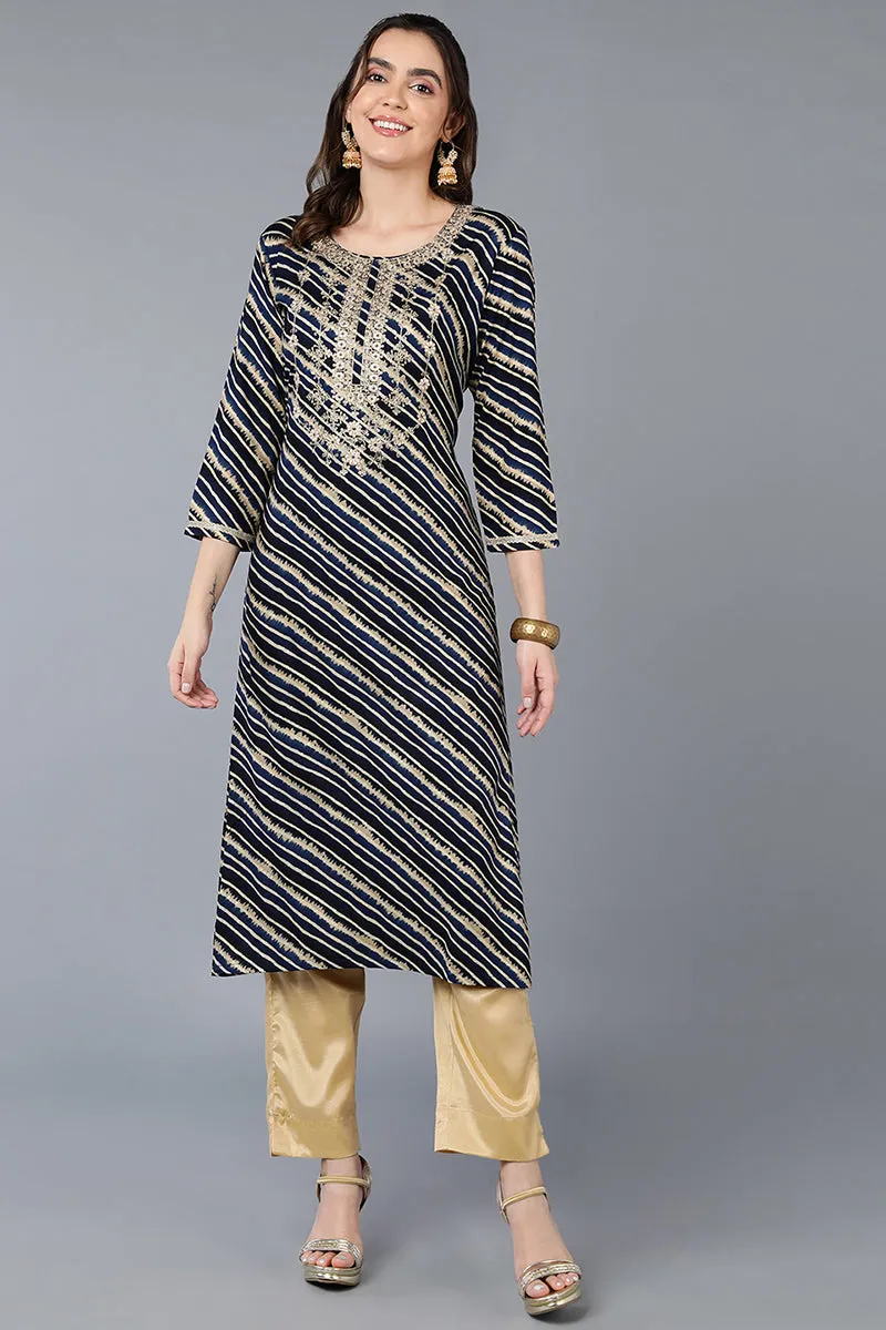 Navy Blue Viscose Rayon Leheriya Printed Straight Kurta