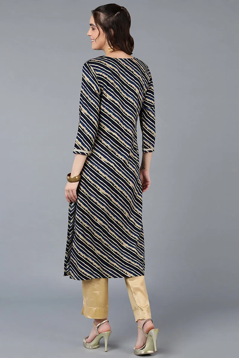 Navy Blue Viscose Rayon Leheriya Printed Straight Kurta