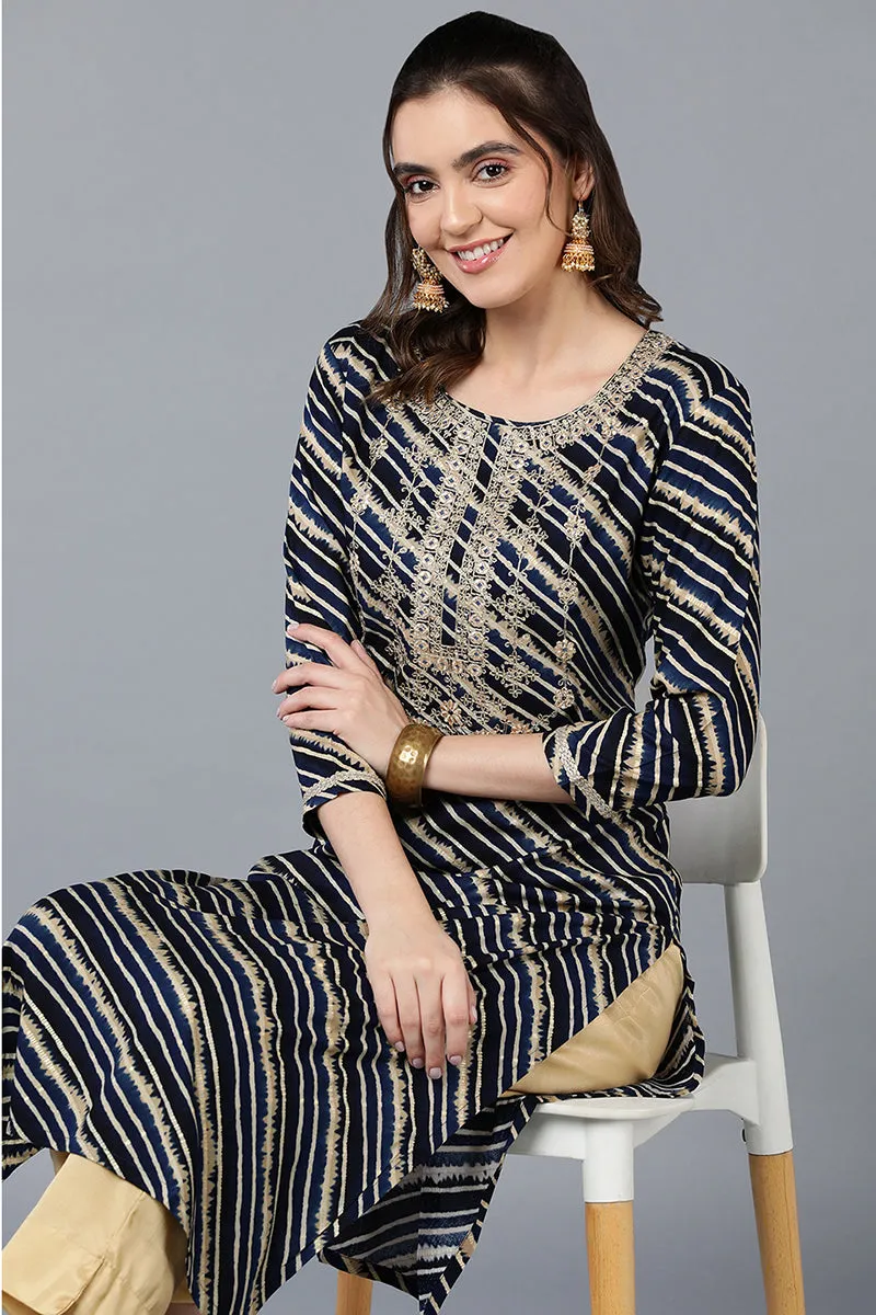 Navy Blue Viscose Rayon Leheriya Printed Straight Kurta