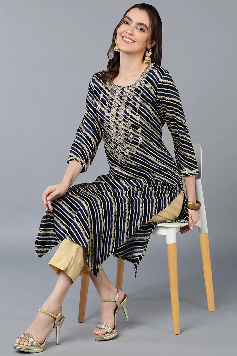 Navy Blue Viscose Rayon Leheriya Printed Straight Kurta