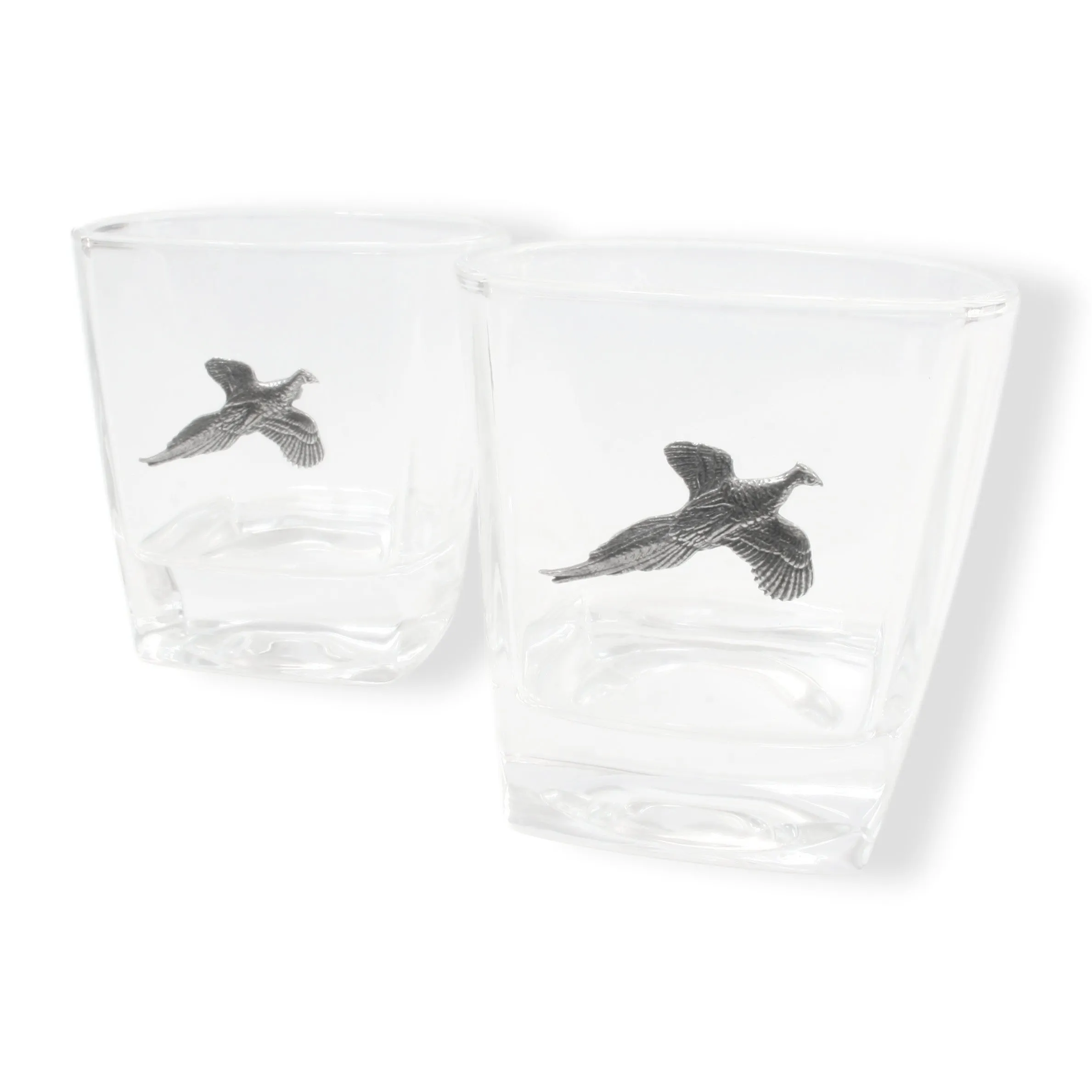 Pair Of Whiskey Glass Tumblers With Pewter Pheasants