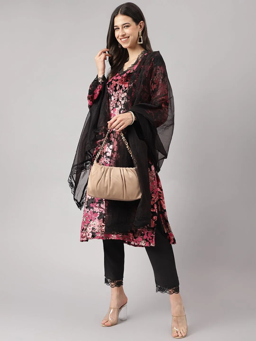 Pink Burn Out Velvet Kurta Haram Pant With Organza Dupatta