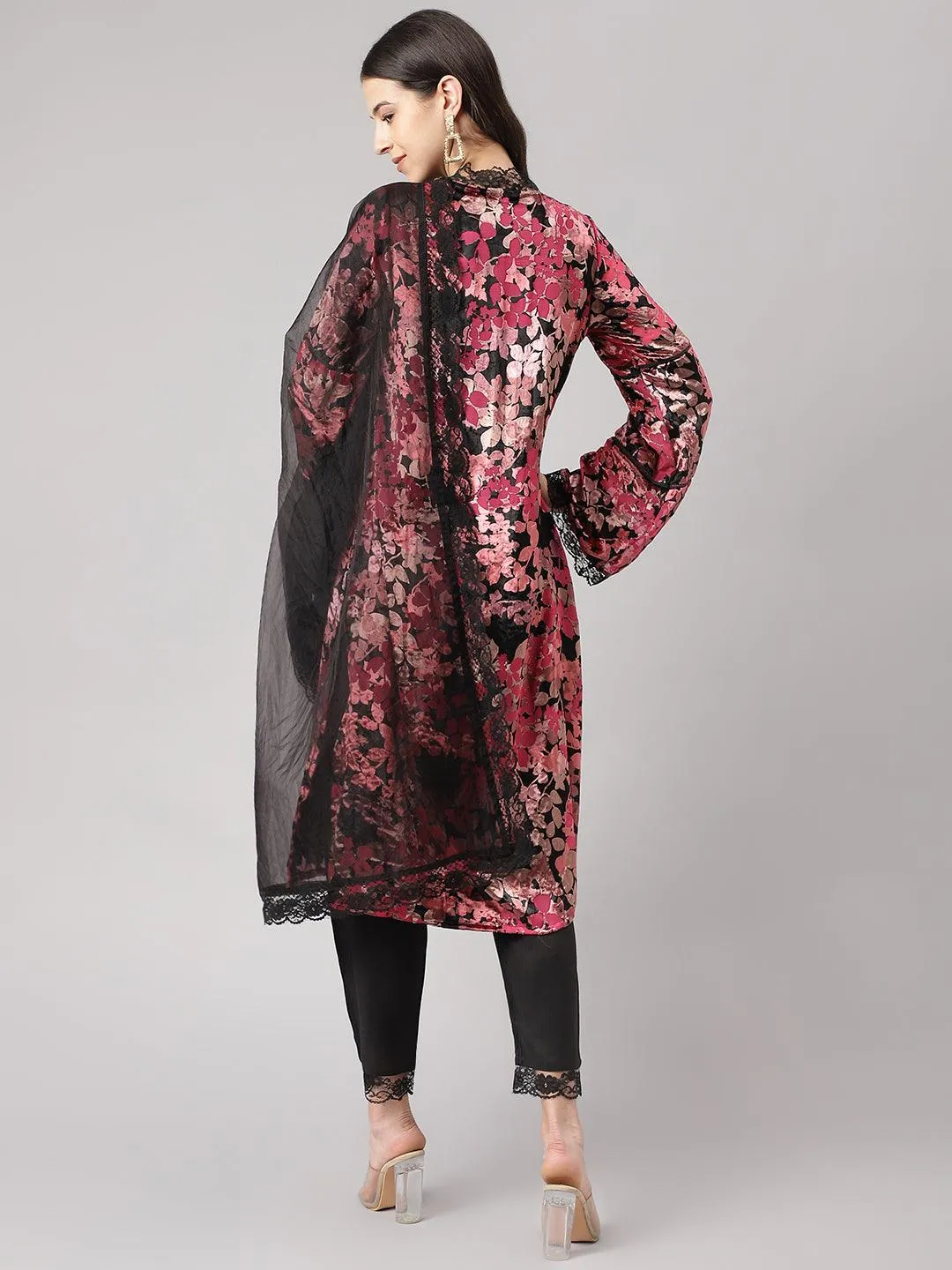 Pink Burn Out Velvet Kurta Haram Pant With Organza Dupatta